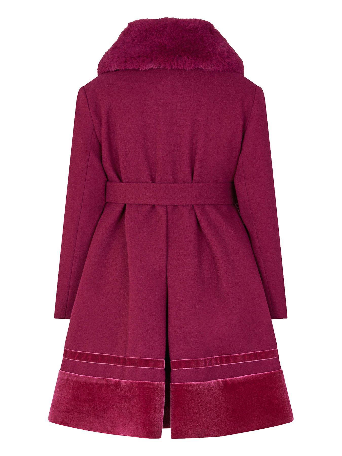 Image 2 of 3 of Monsoon Girls Velvet Trim Dress Coat - Dark Red