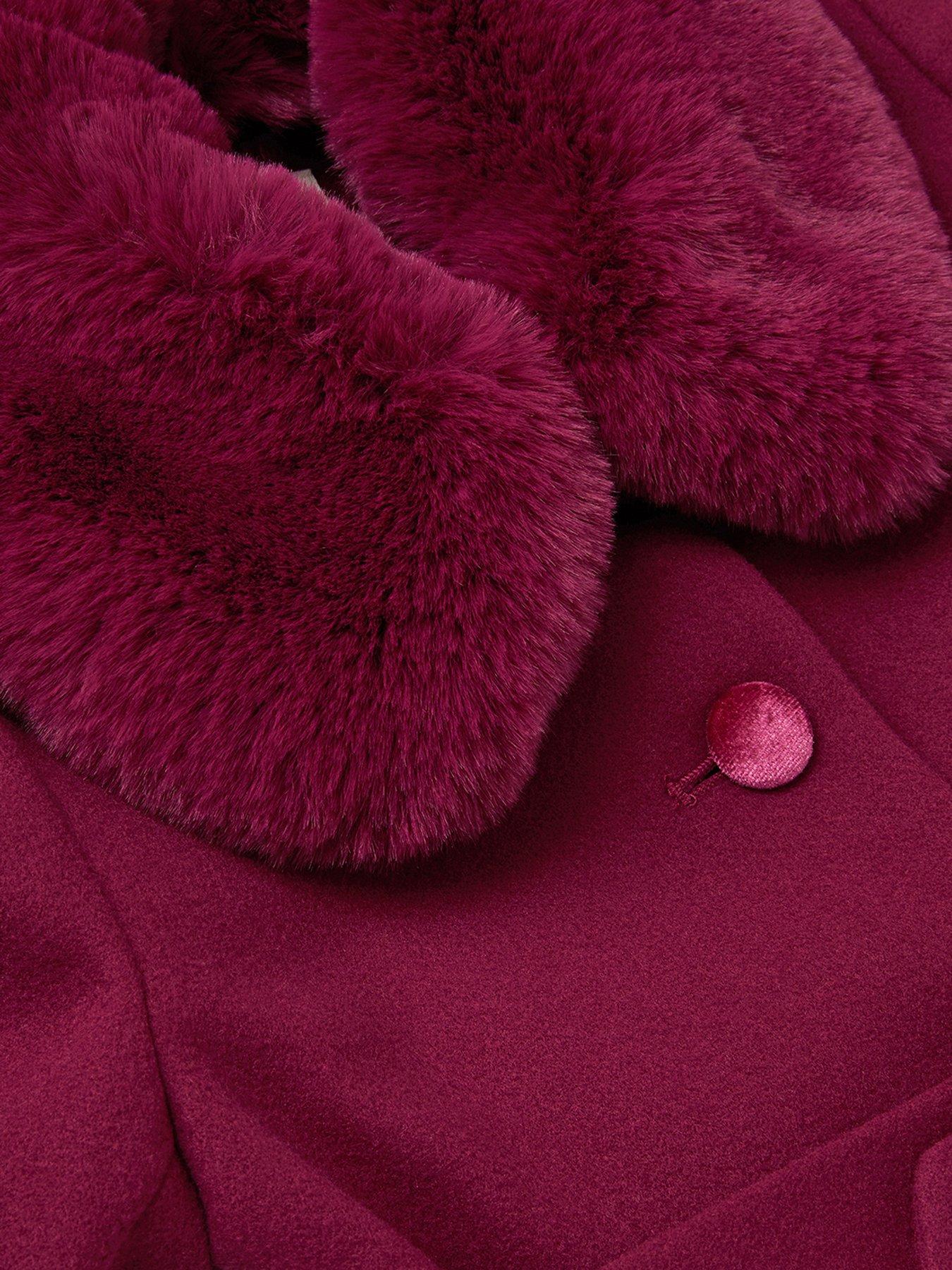 Image 3 of 3 of Monsoon Girls Velvet Trim Dress Coat - Dark Red