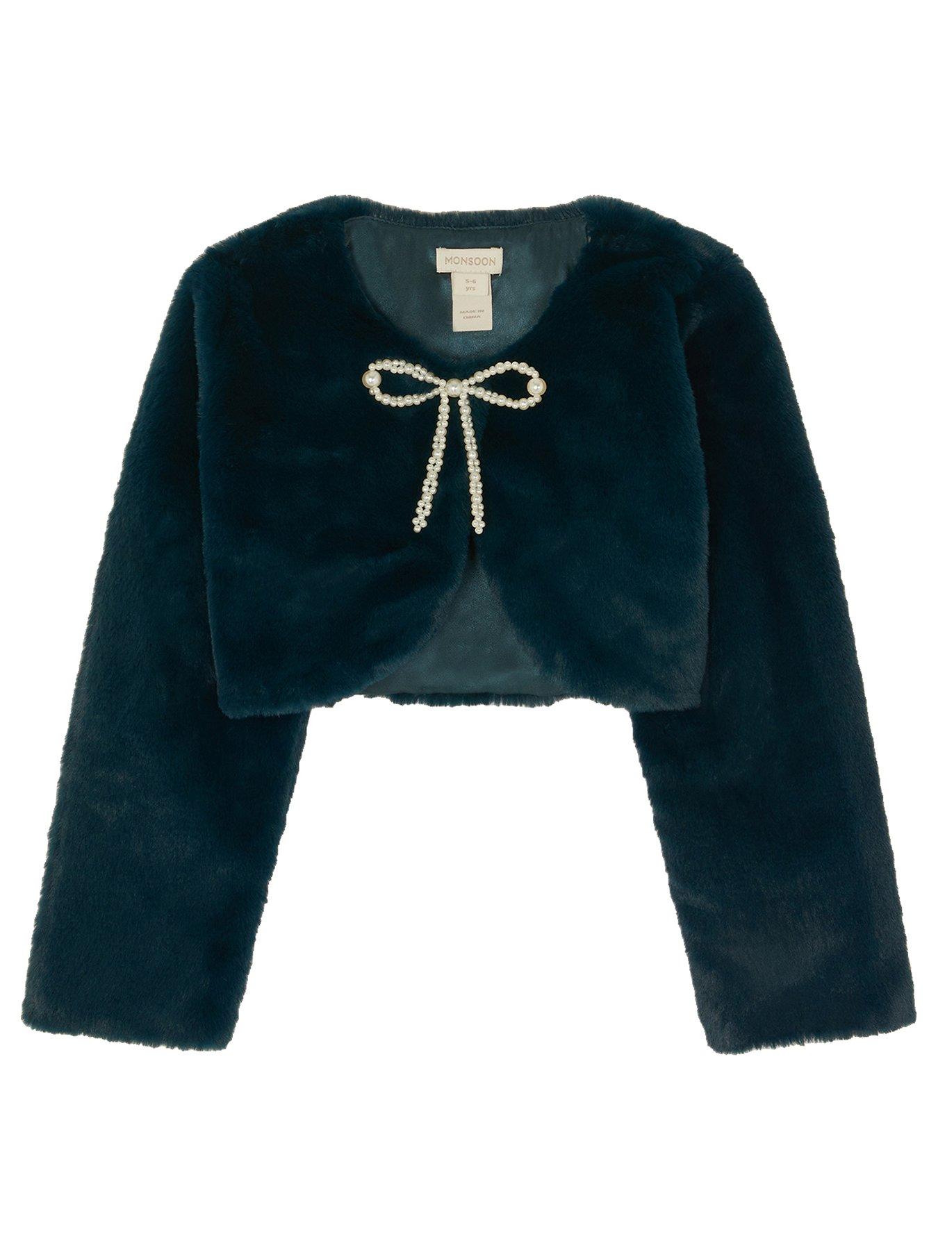 Image 2 of 4 of Monsoon Girls Marie Faux Fur Bow Shrug - Green