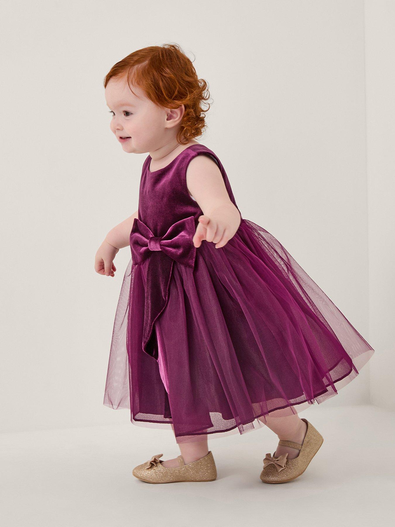 undefined Baby Girls Velvet Waterfall Bow Dress - Purple