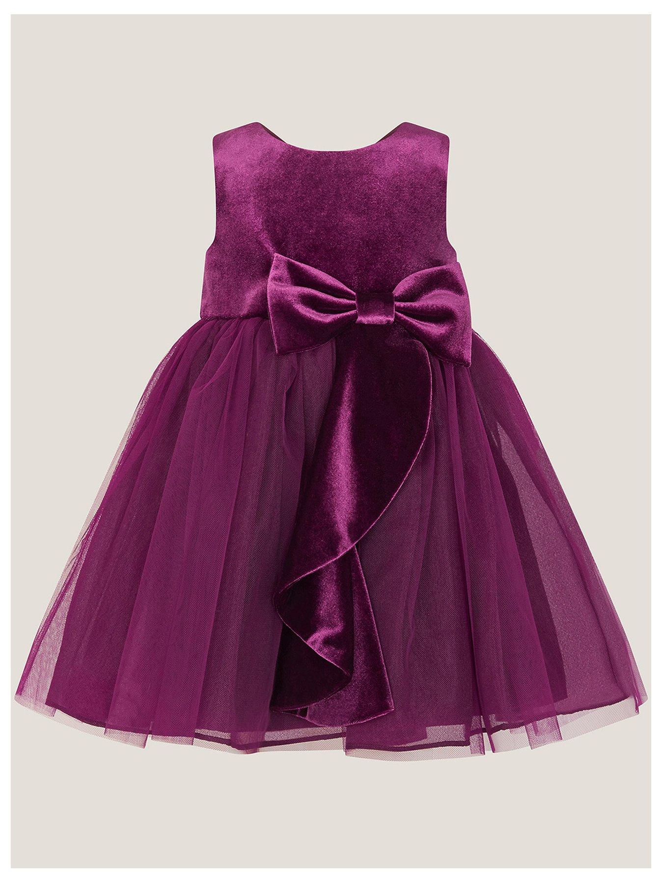 Image 2 of 4 of Monsoon Baby Girls Velvet Waterfall Bow Dress - Purple