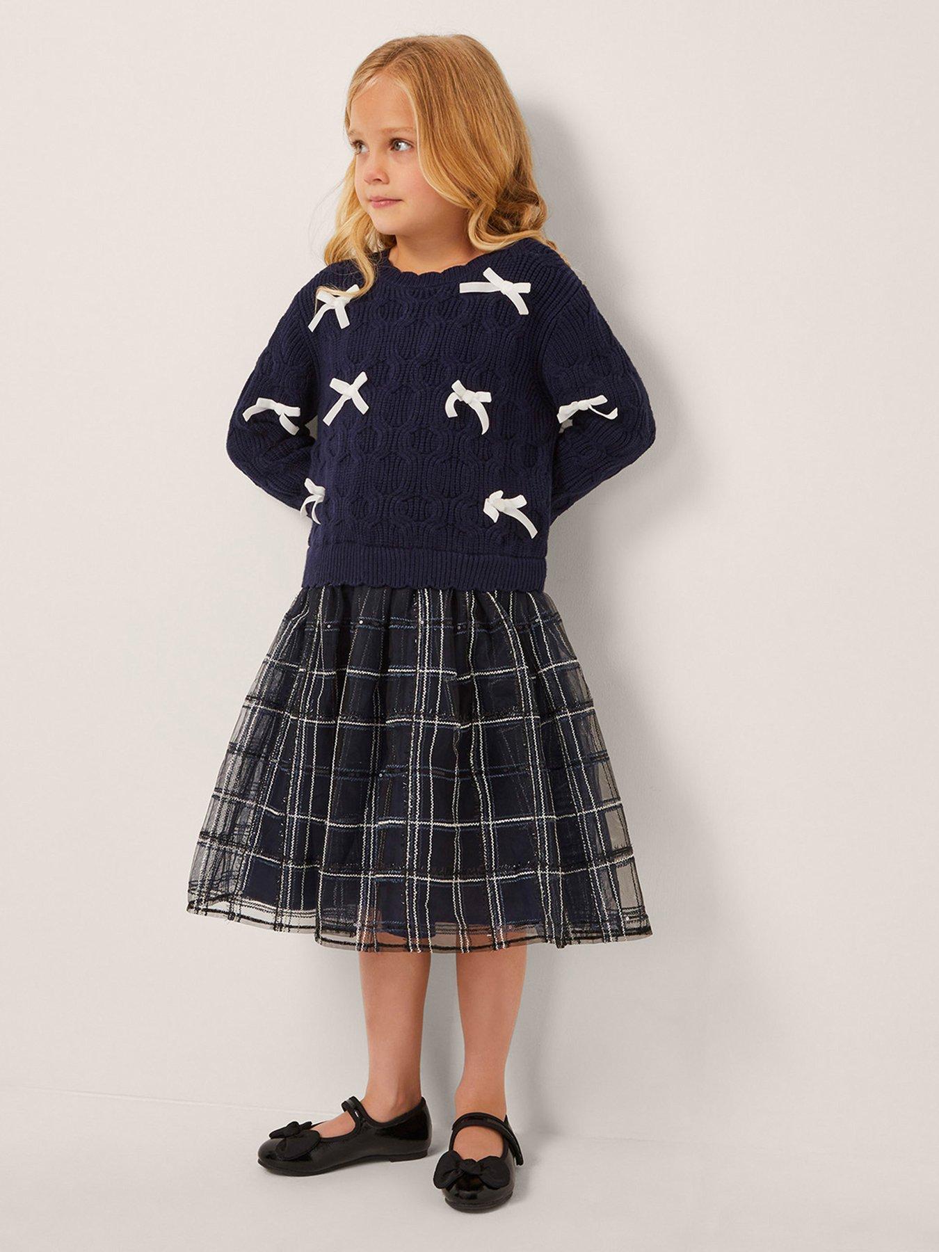 Monsoon Girls Bow Knitted 2in1 Check Dress - Navy