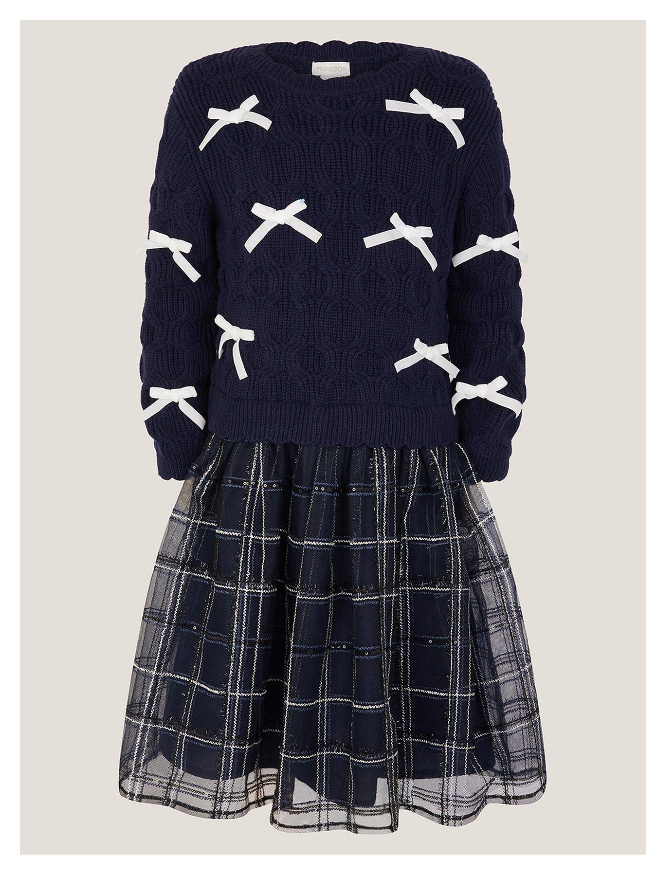 undefined Girls Bow Knitted 2in1 Check Dress - Navy