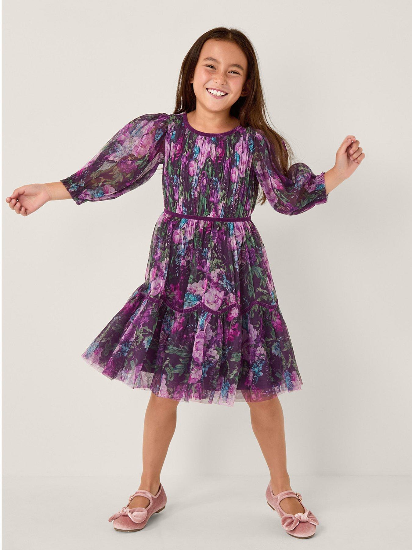 Image 1 of 4 of Monsoon Girls Heirloom Floral Tulle Dress - Purple
