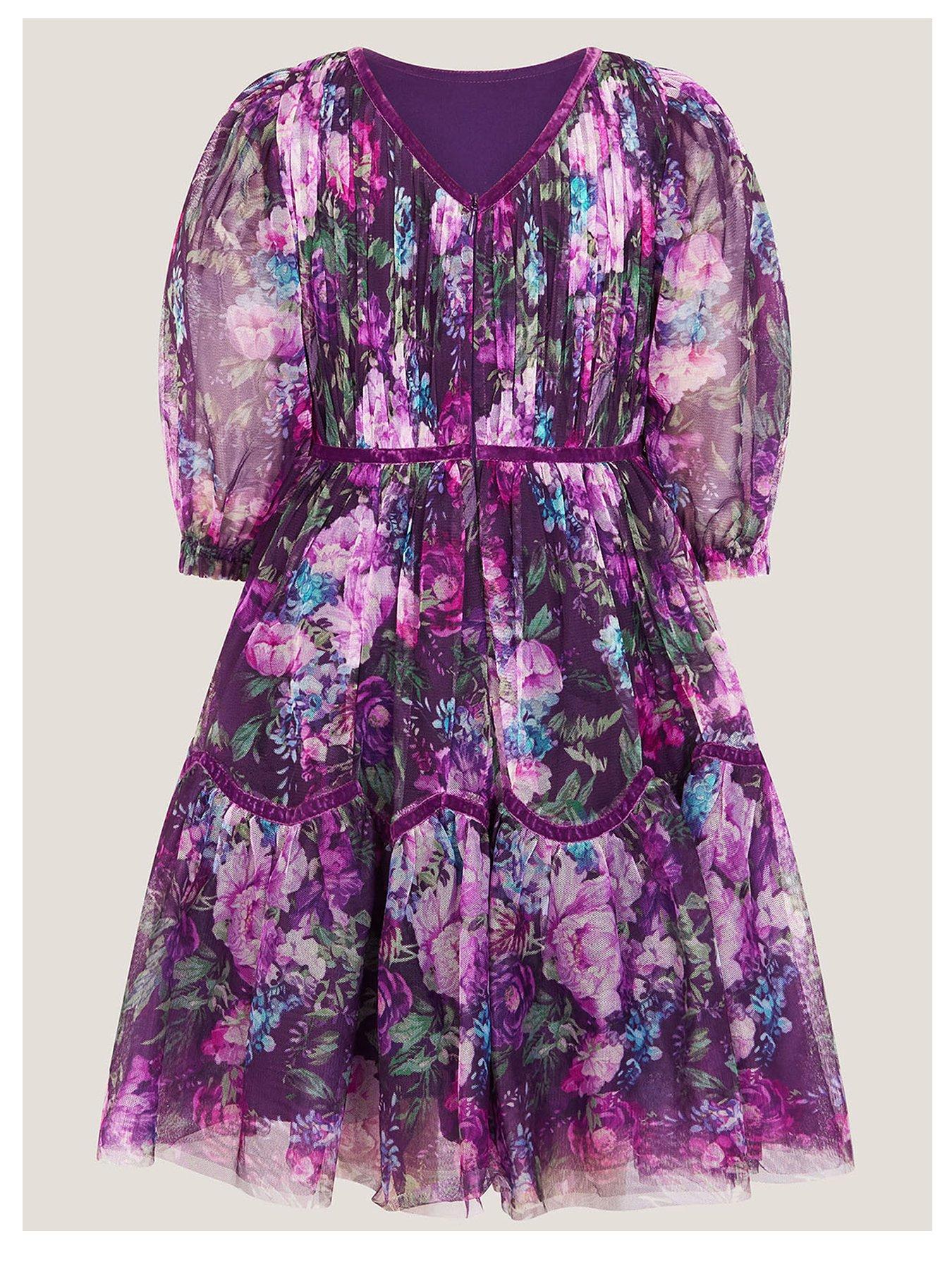 Image 3 of 4 of Monsoon Girls Heirloom Floral Tulle Dress - Purple