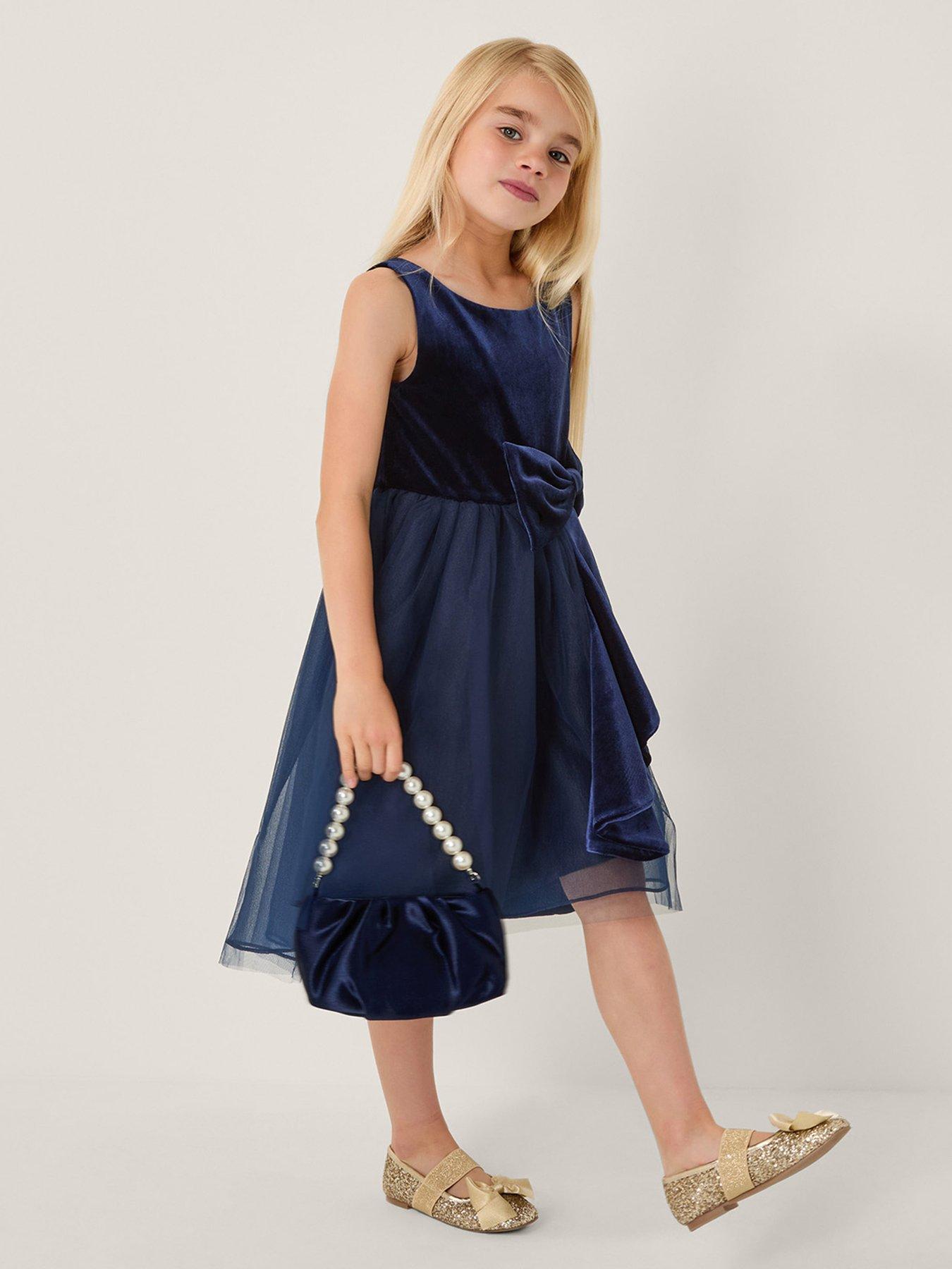 Monsoon Girls Velvet Waterfall Bow Dress - Navy