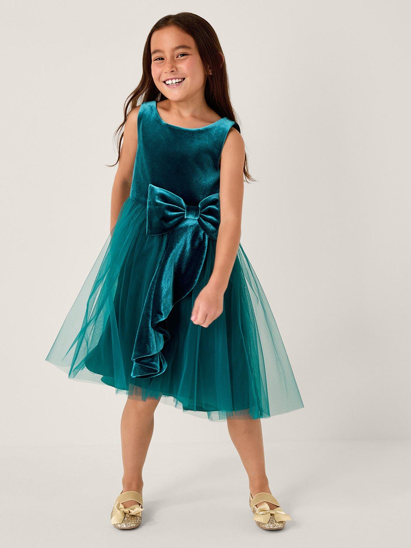 undefined Girls Velvet Waterfall Bow Dress - Green