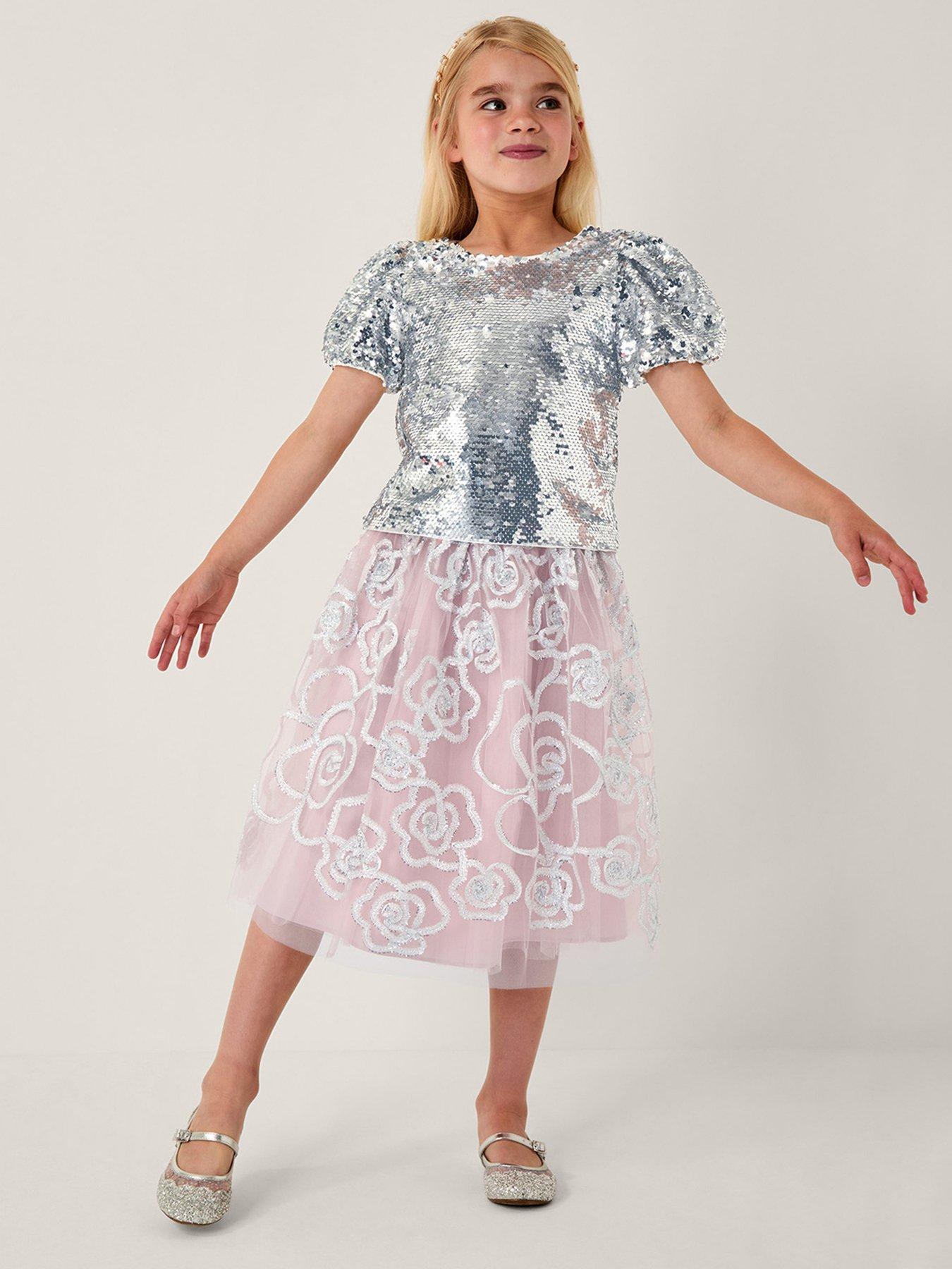 undefined Girls Sequin Tinsel Puff Sleeve Top - Silver