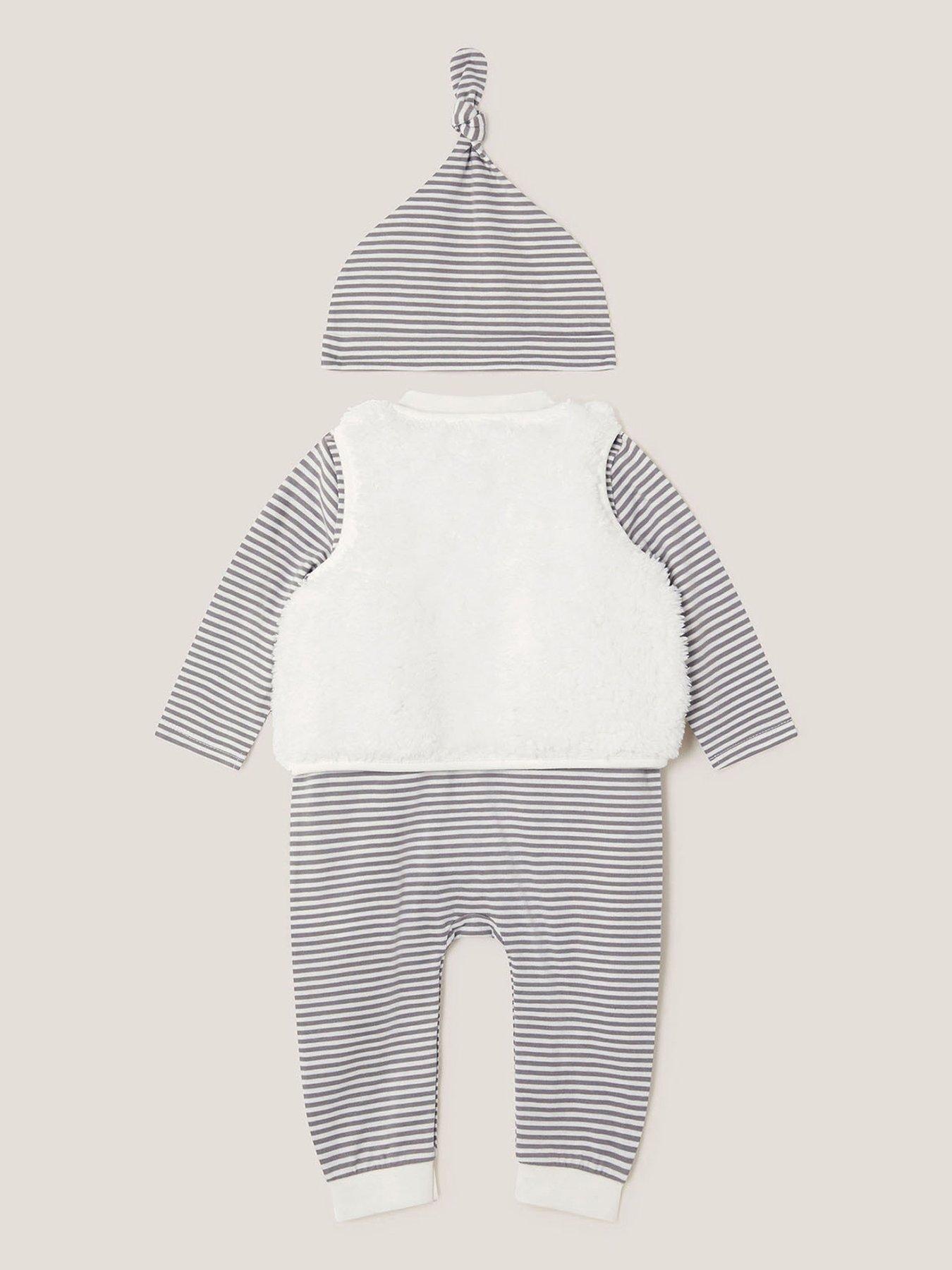  image of monsoon-baby-unisex-polar-sleepsuit-gilet-amp-hat-set-white
