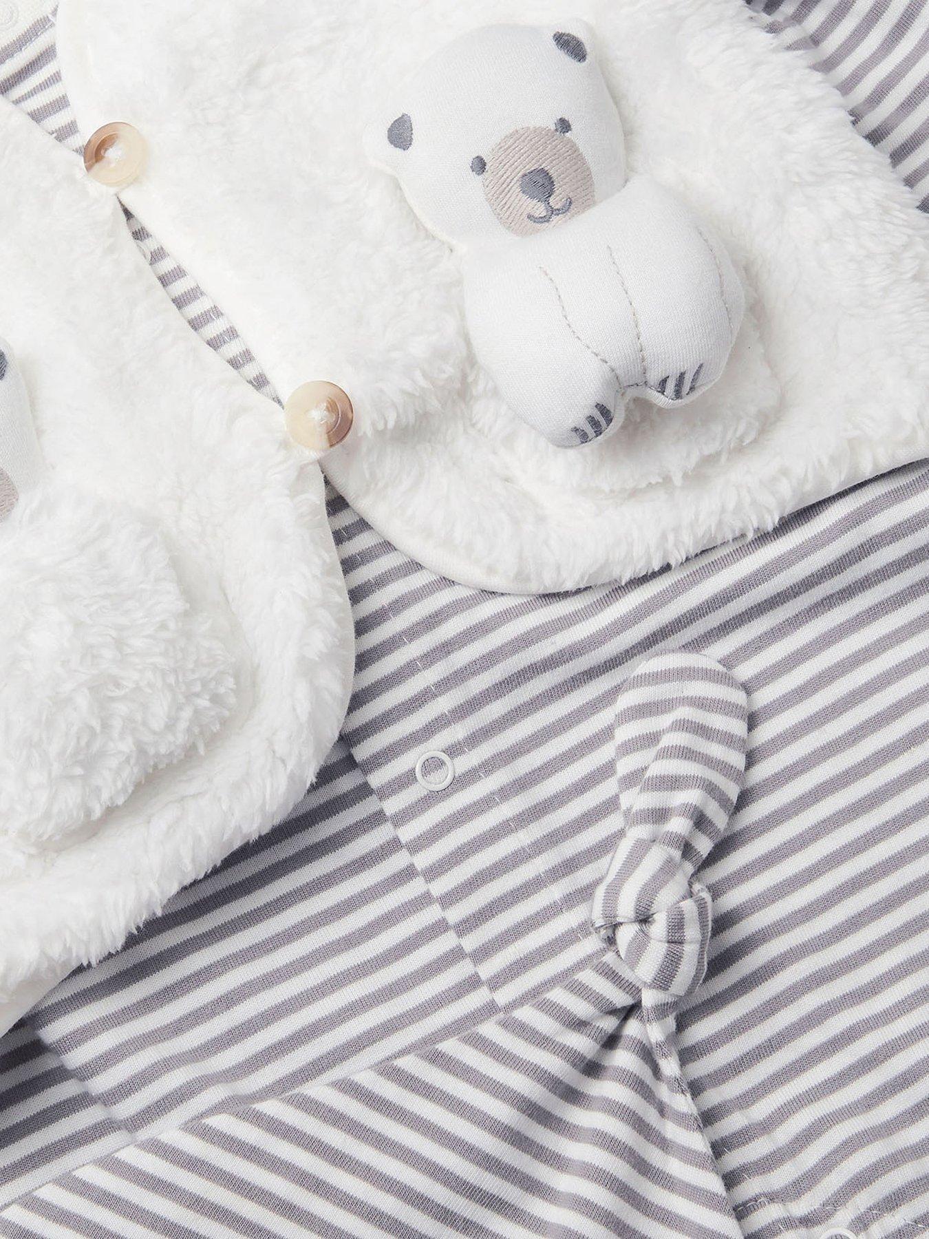  image of monsoon-baby-unisex-polar-sleepsuit-gilet-amp-hat-set-white