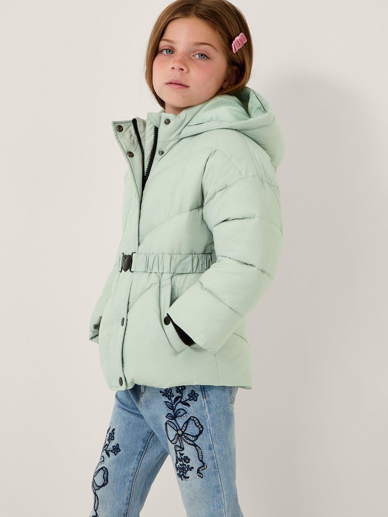 Image 1 of 4 of Monsoon Girls Short Belted Padded Coat - Light Green