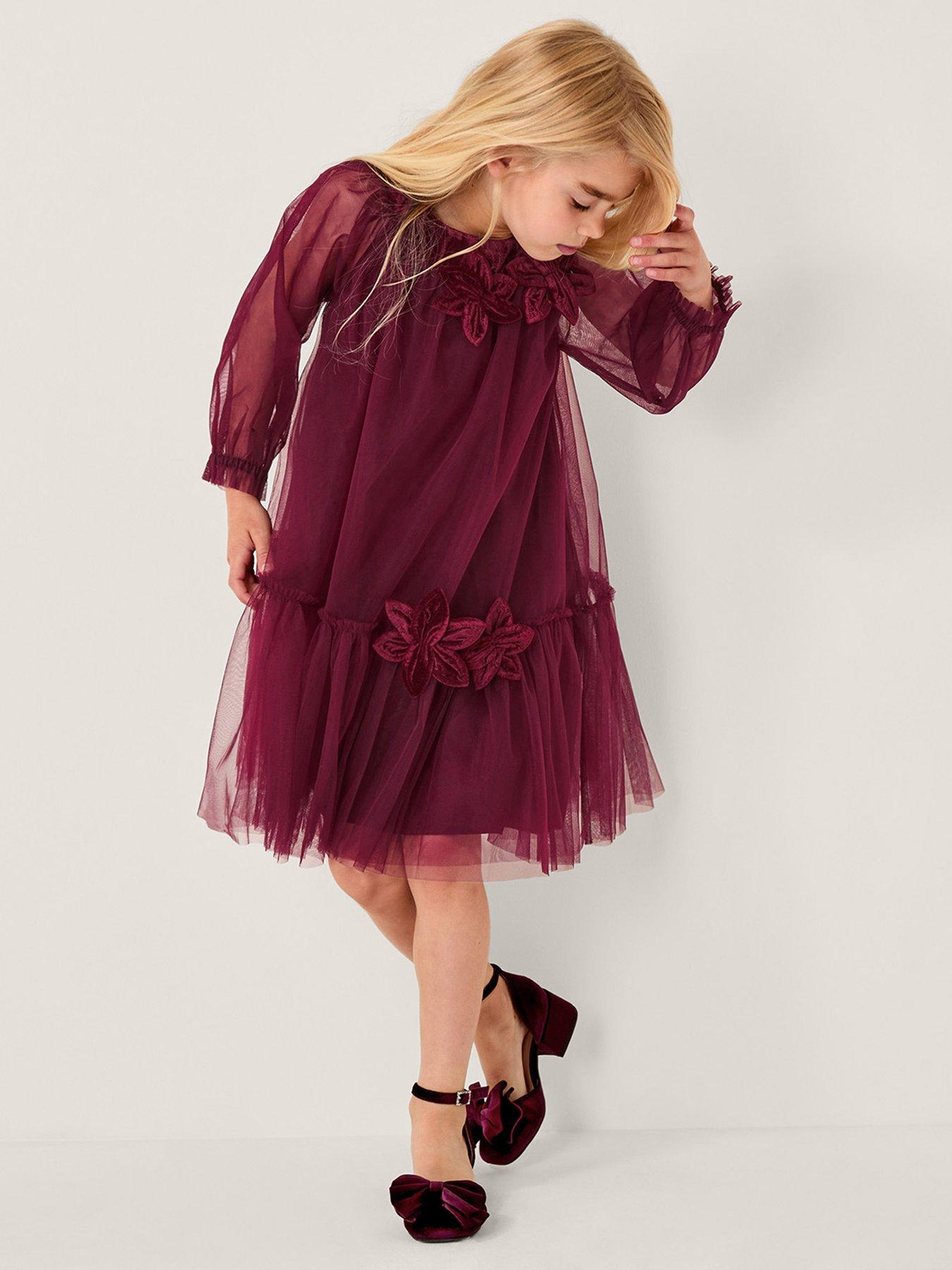 undefined Girls Naina Velvet Tulle Swing Dress - Red