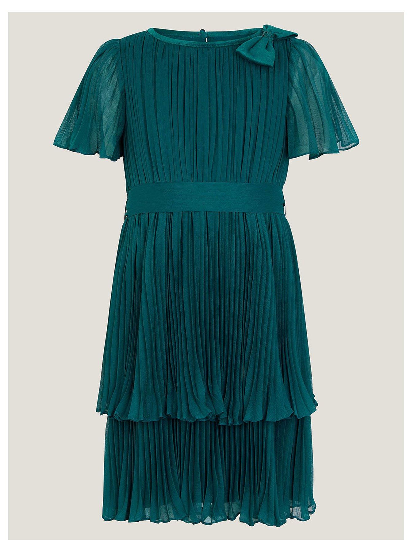 Image 2 of 4 of Monsoon Girls Alicia Pleated Velvet Bow Dress - Green