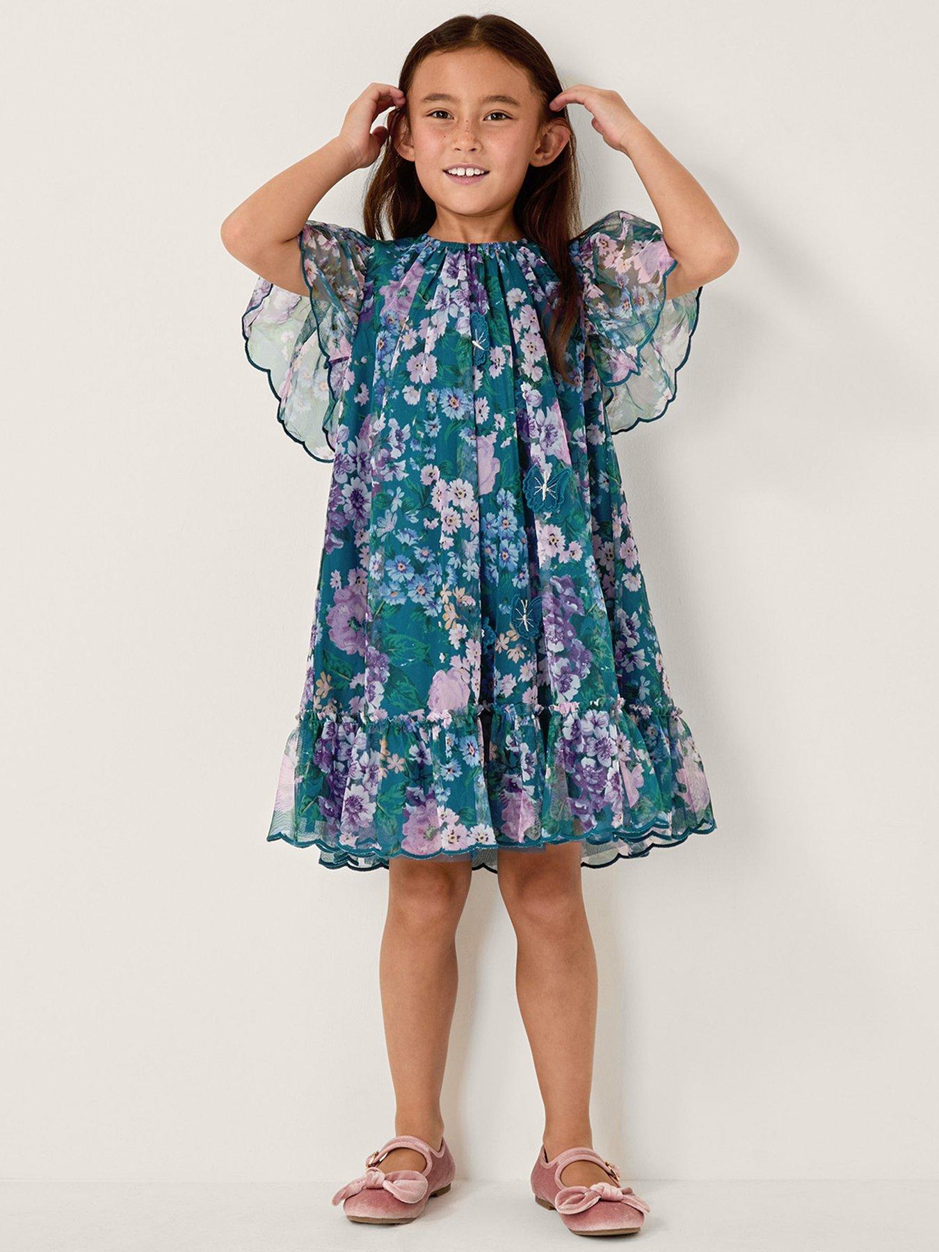 Image 1 of 4 of Monsoon Girls Wildflower Tulle Swing Dress - Green