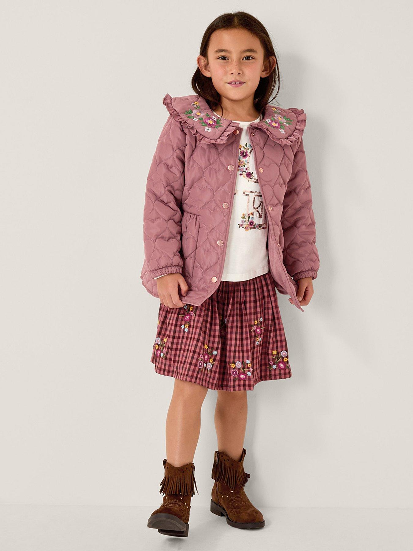 undefined Girls Quilted Heart Embroidered Coat - Pink