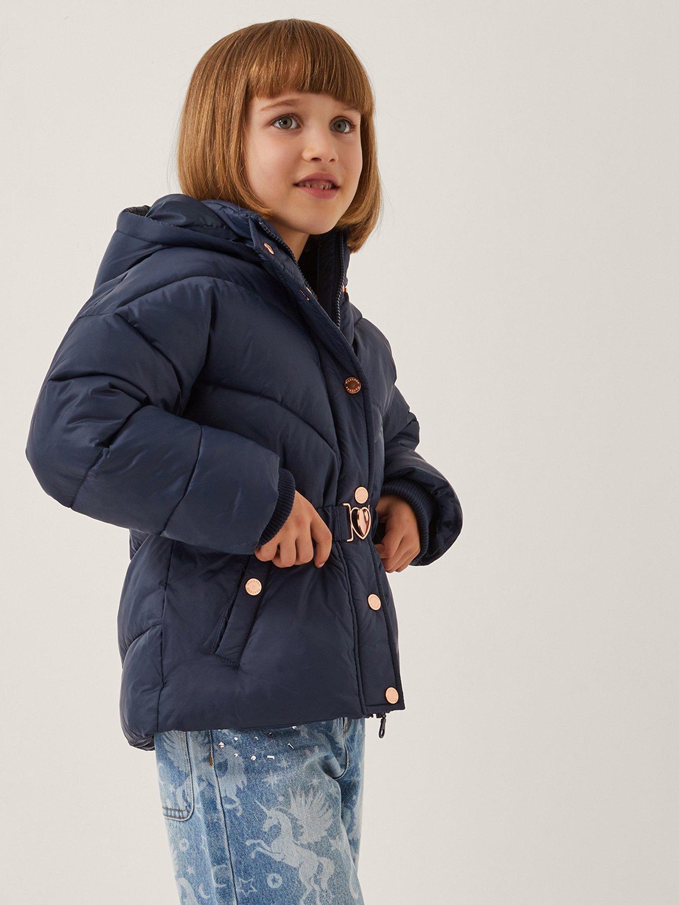 undefined Girls Short Belted Padded Coat - Navy