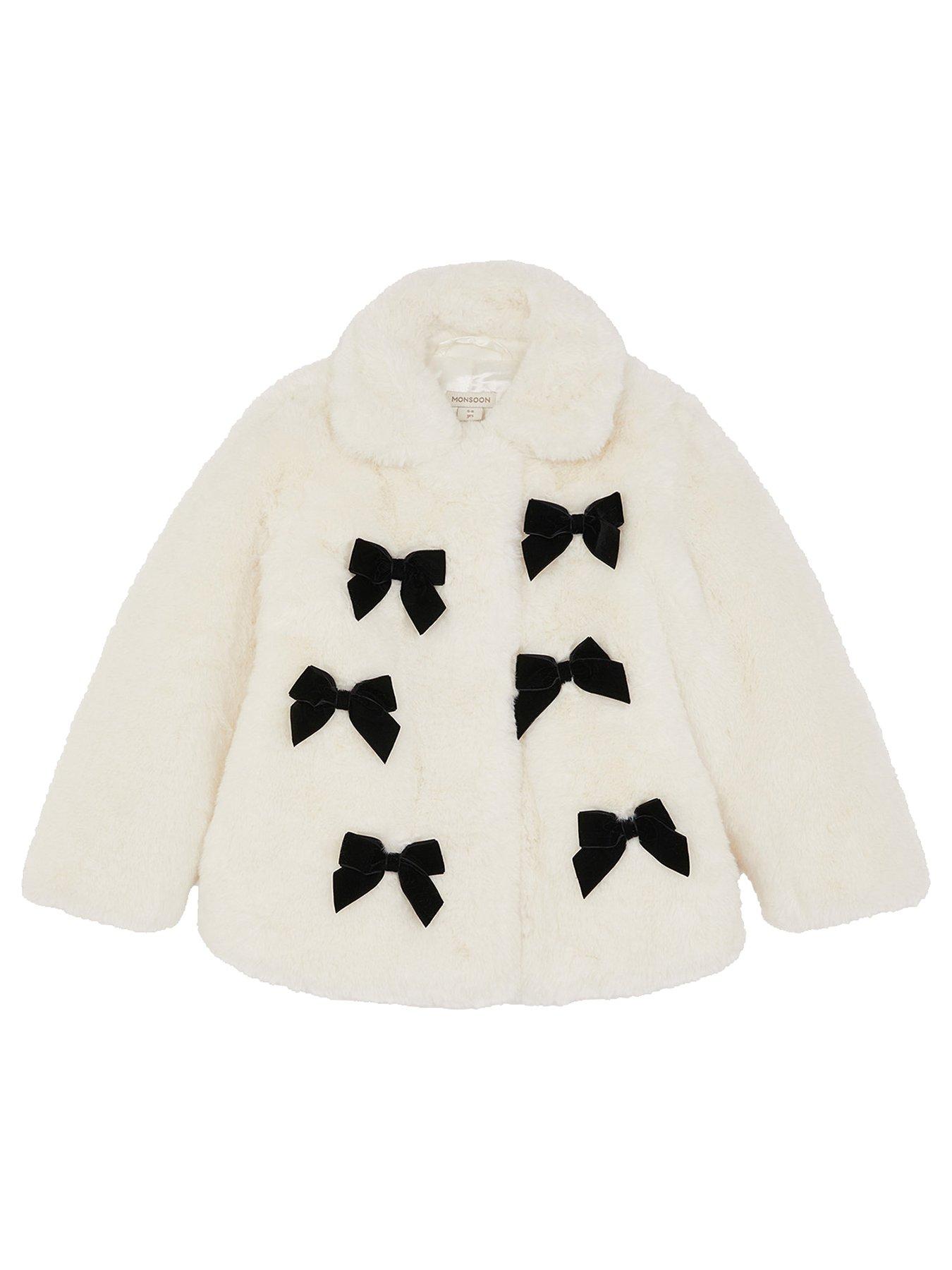 undefined Girls Bow Trim Faux Fur Coat - Cream