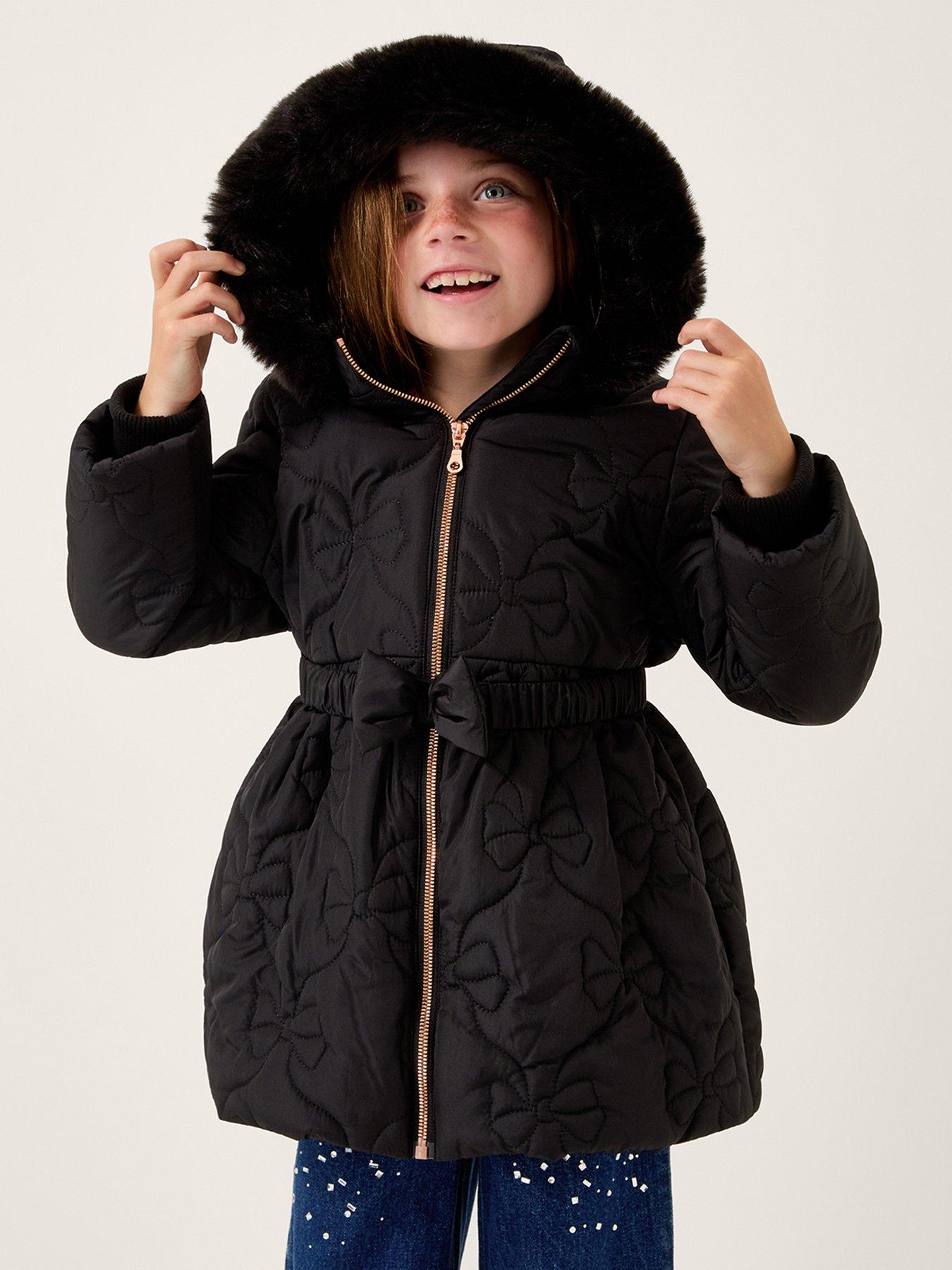 undefined Girls Bow Waisted Quilted Coat - Black