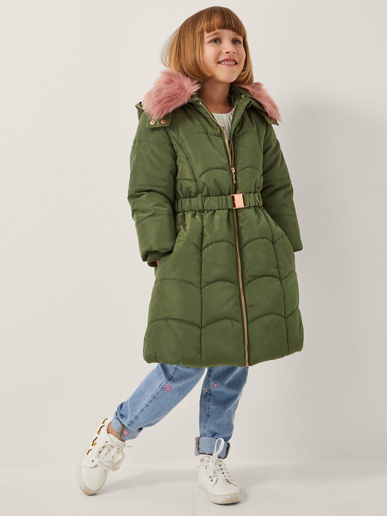 undefined Girls Scallop Edge Belt Coat - Green