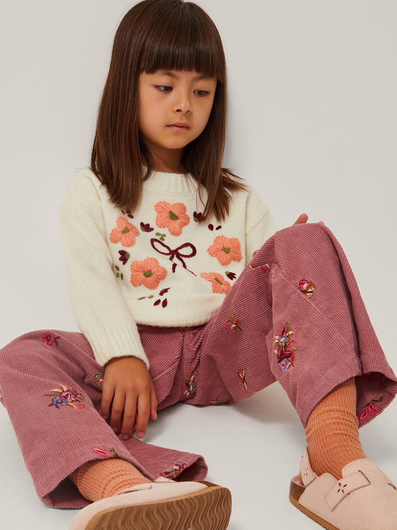 Image 1 of 4 of Monsoon Girls Chunky Floral Embroidered Knit Jumper - Light Cream
