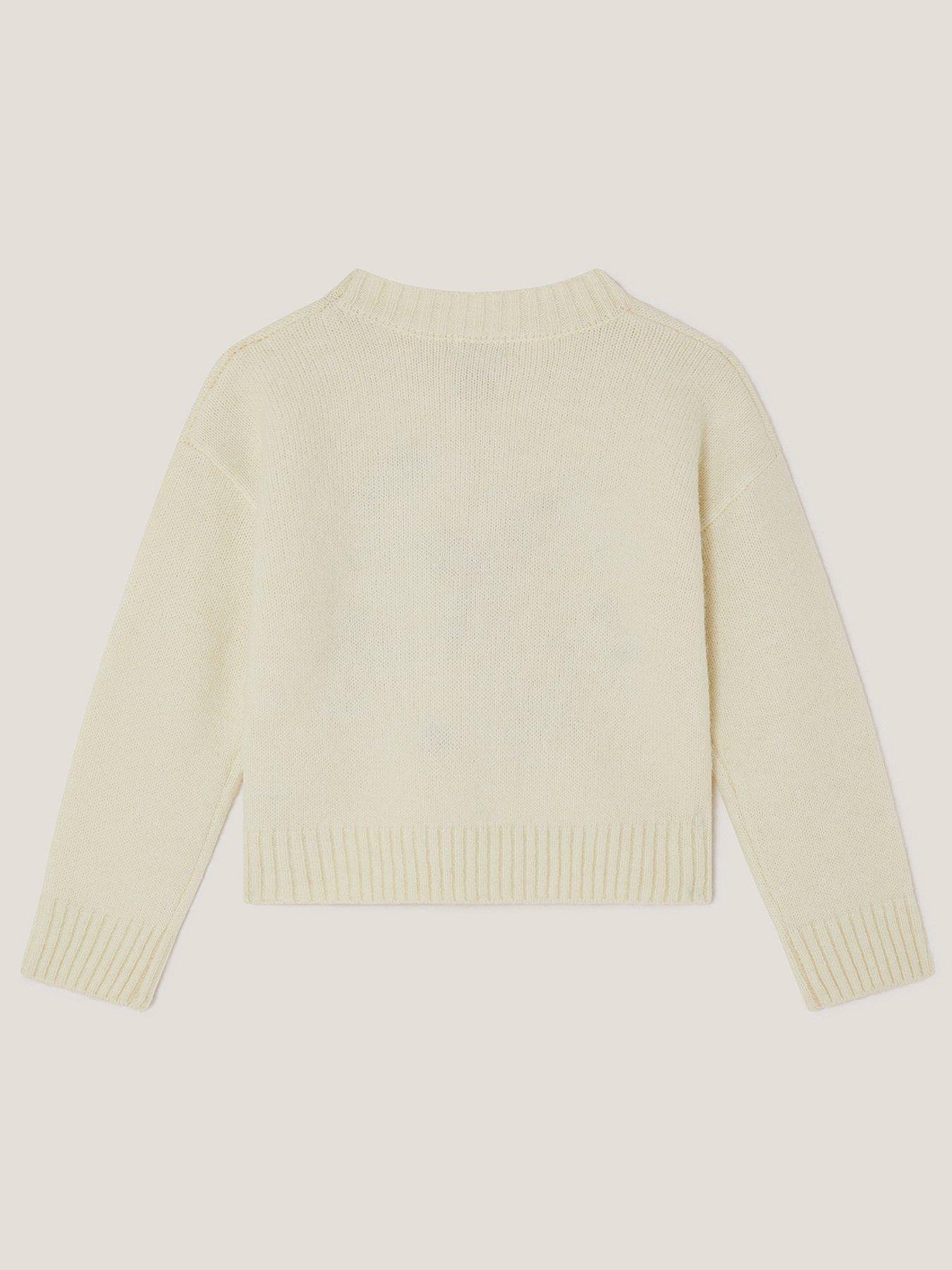 Image 2 of 4 of Monsoon Girls Chunky Floral Embroidered Knit Jumper - Light Cream