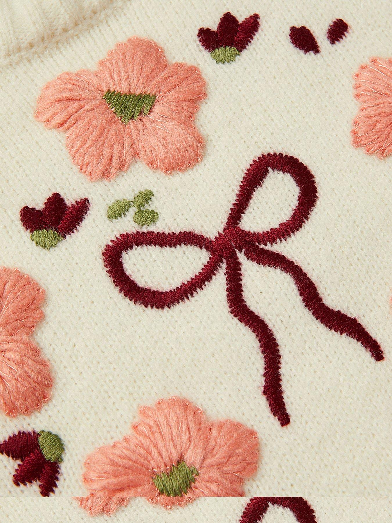 Image 4 of 4 of Monsoon Girls Chunky Floral Embroidered Knit Jumper - Light Cream