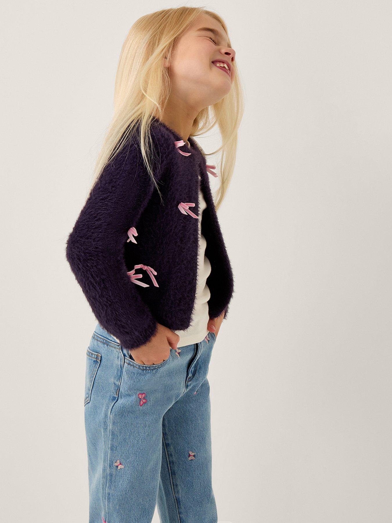 undefined Girls Bow Trim Eyelash Knitted Cardigan - Navy