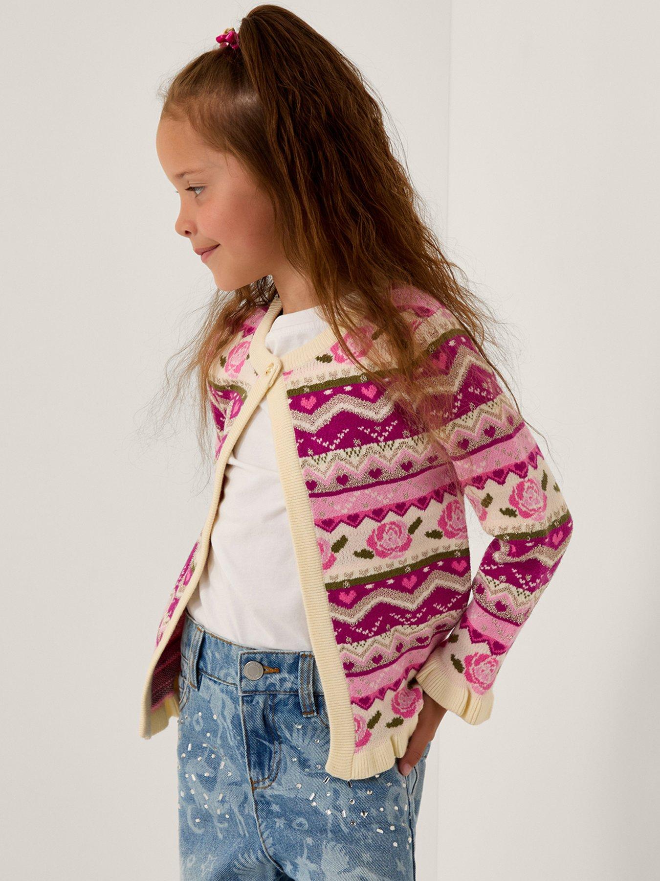 Image 1 of 4 of Monsoon Girls Rose All Over Edge Knitted Cardigan - Pink