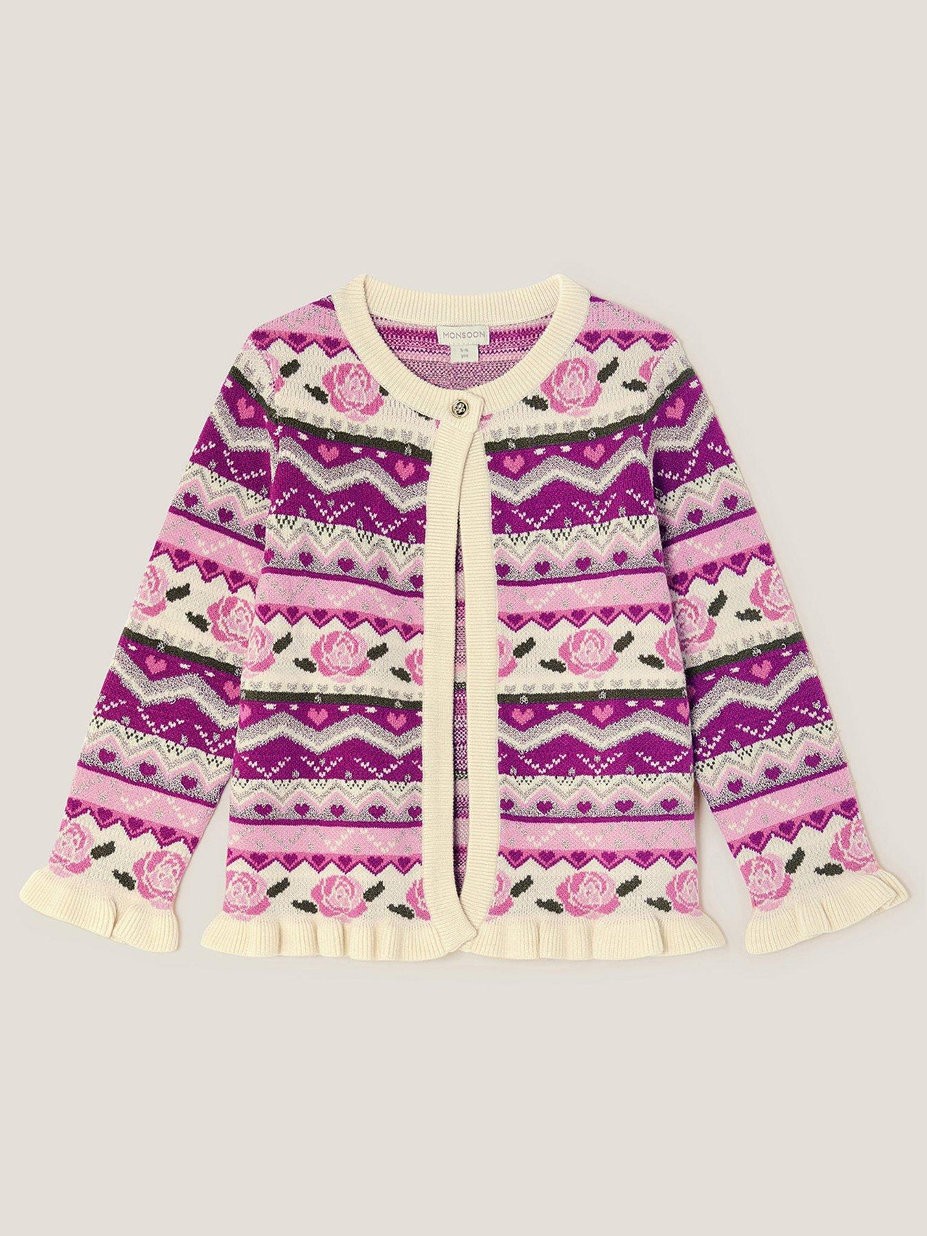Image 3 of 4 of Monsoon Girls Rose All Over Edge Knitted Cardigan - Pink