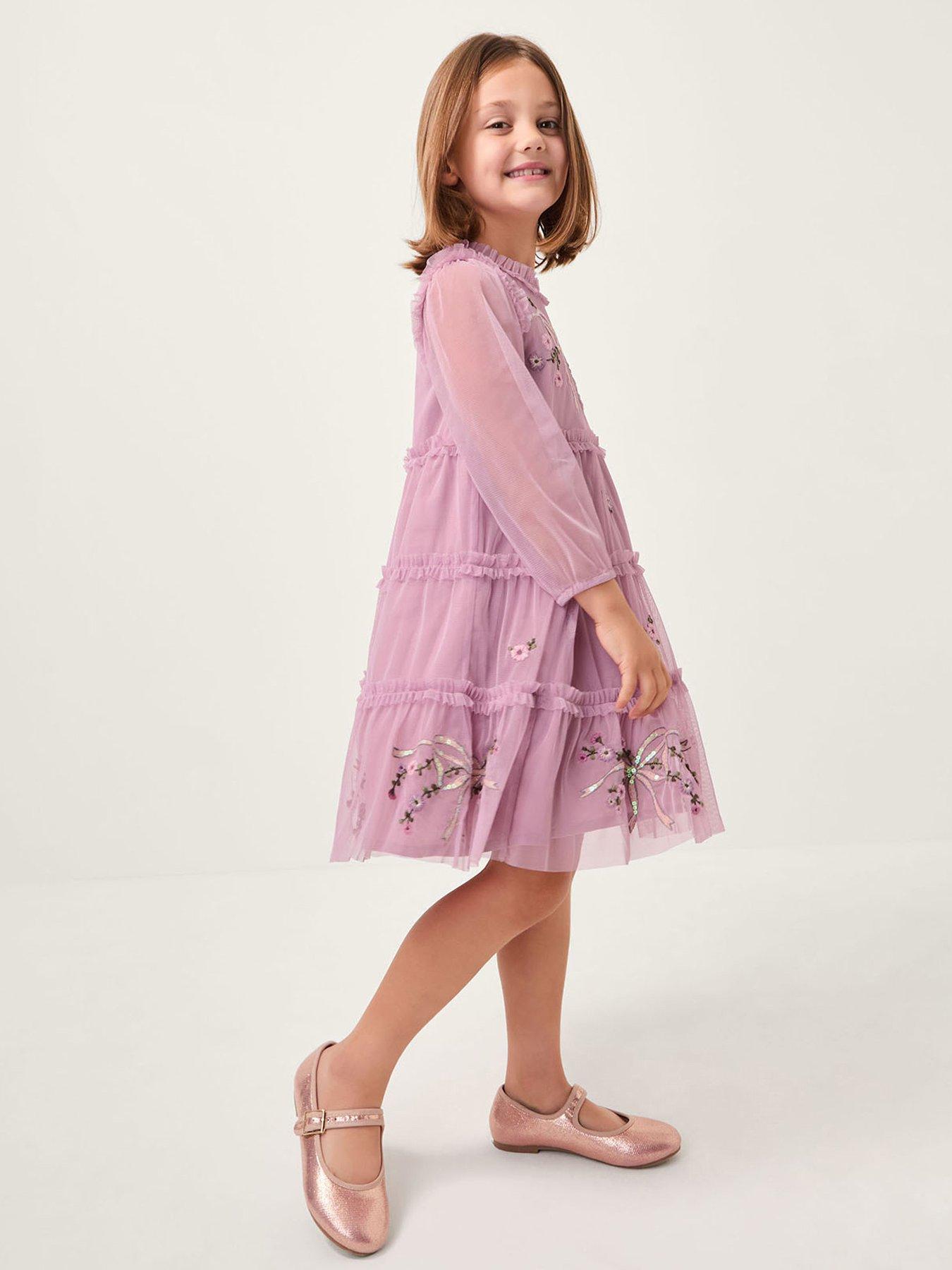 undefined Girls Embroidered Mesh Bow Floral Dress - Purple