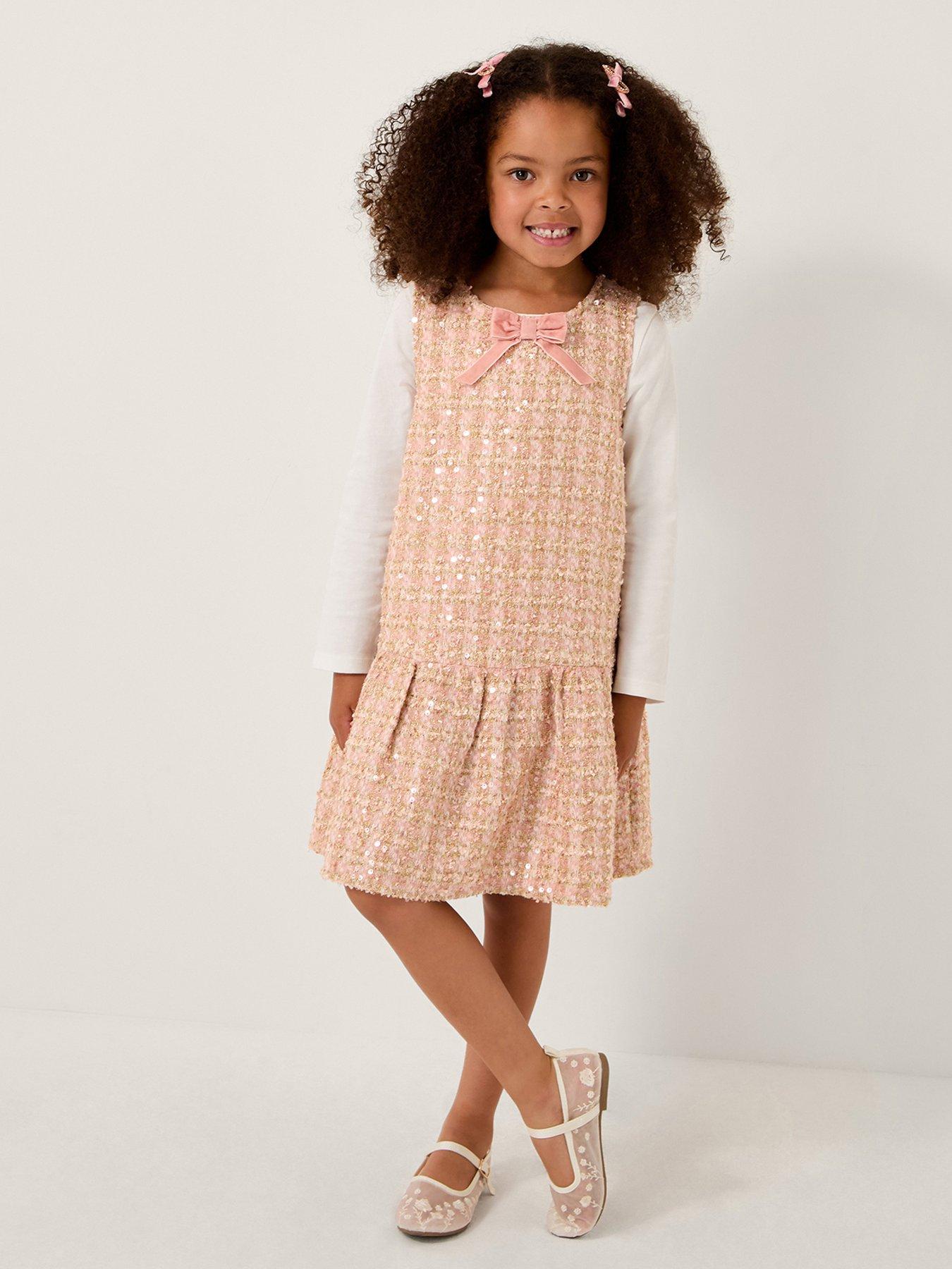 undefined Girls Tweed Bow Pinny Dress - Pink