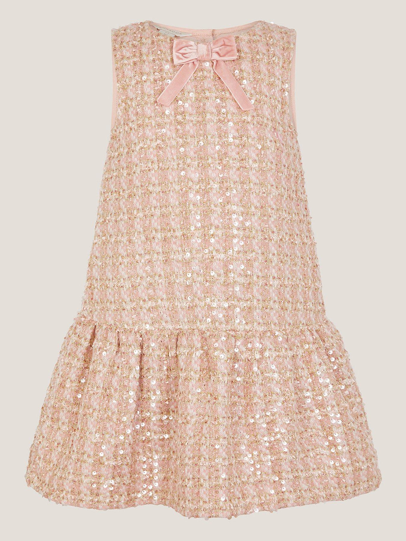 Image 2 of 4 of Monsoon Girls Tweed Bow Pinny Dress - Pink