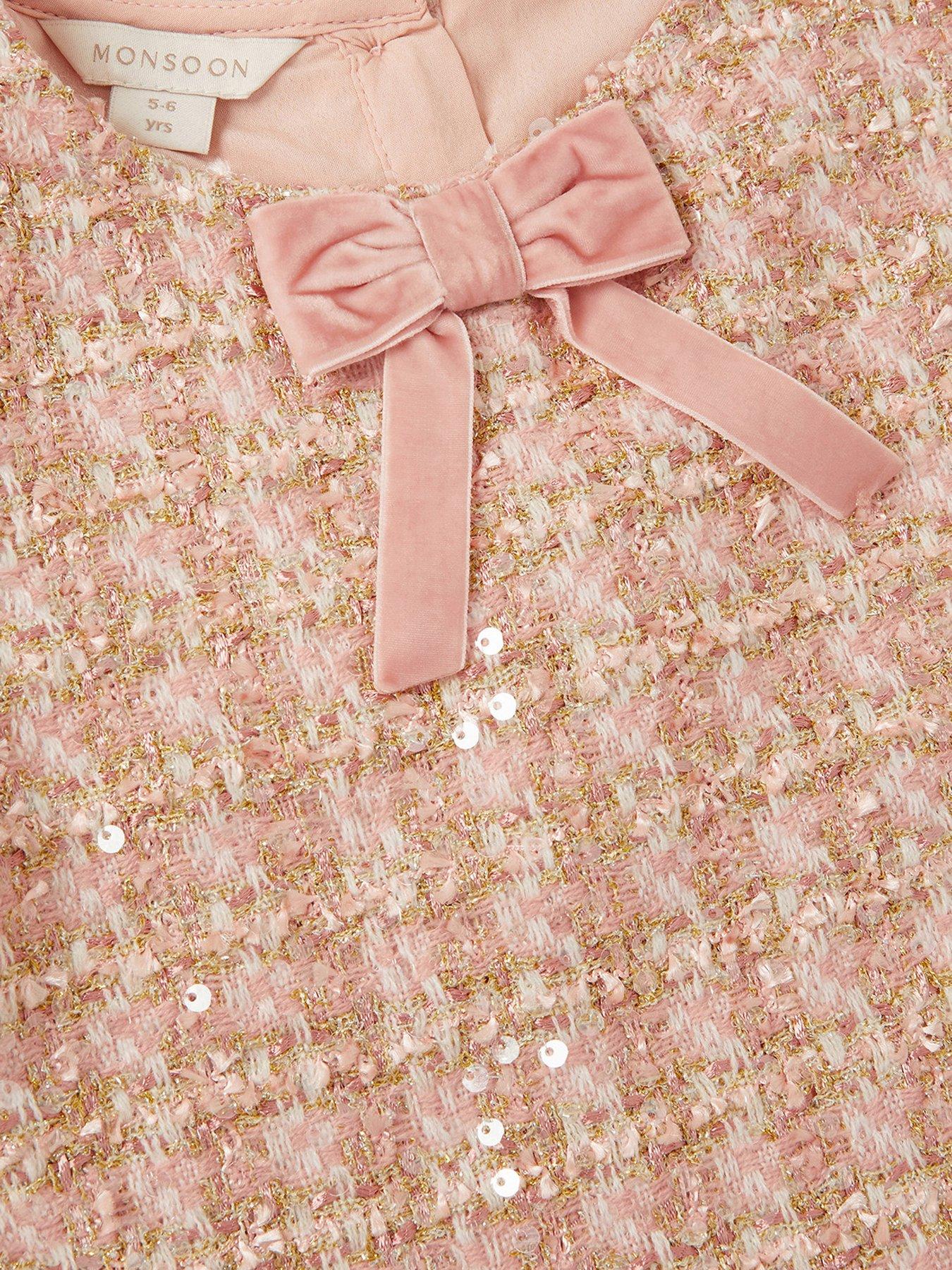 Image 4 of 4 of Monsoon Girls Tweed Bow Pinny Dress - Pink