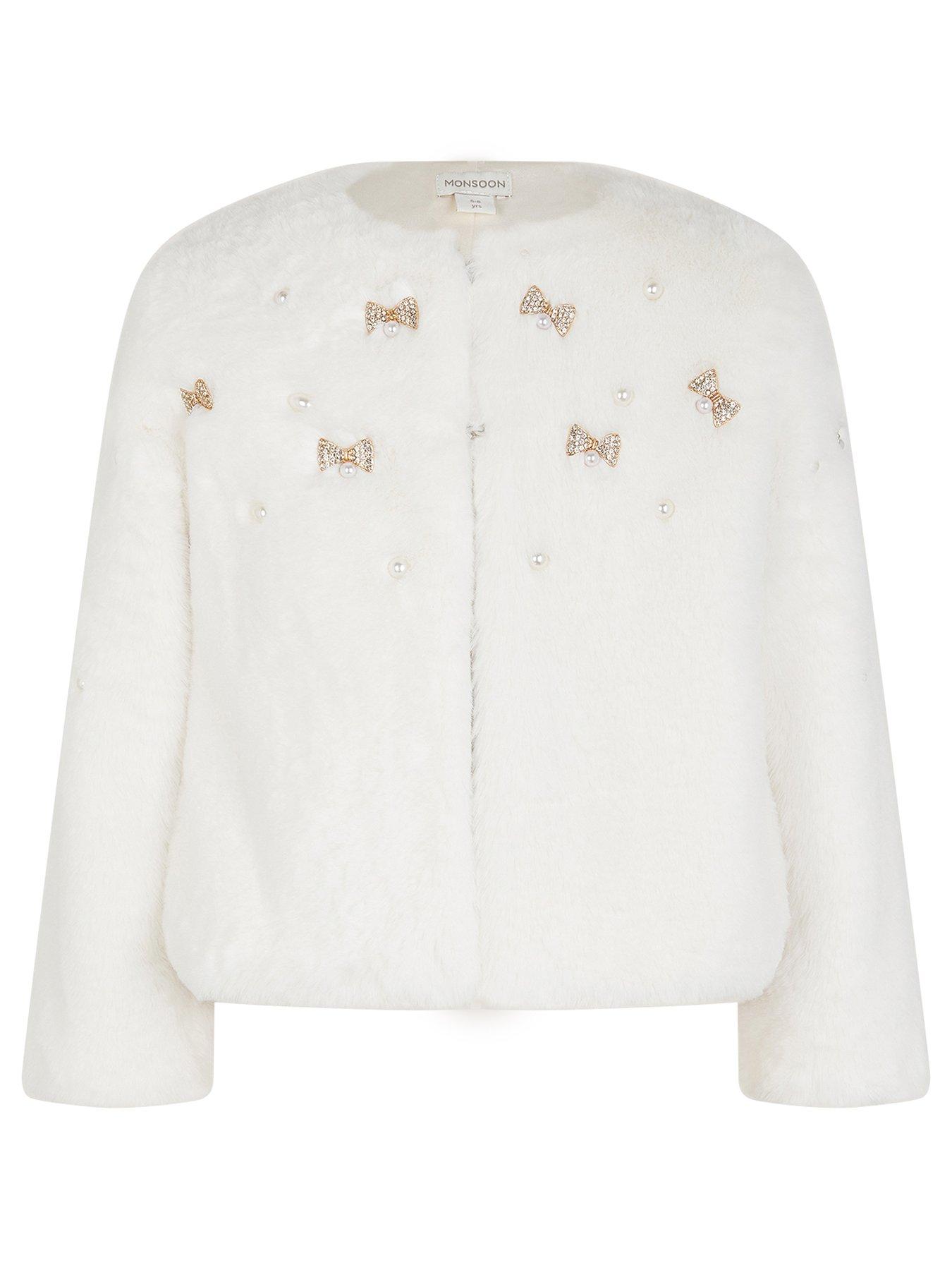 undefined Girls Embellished Faux Fur Coat - Light Cream