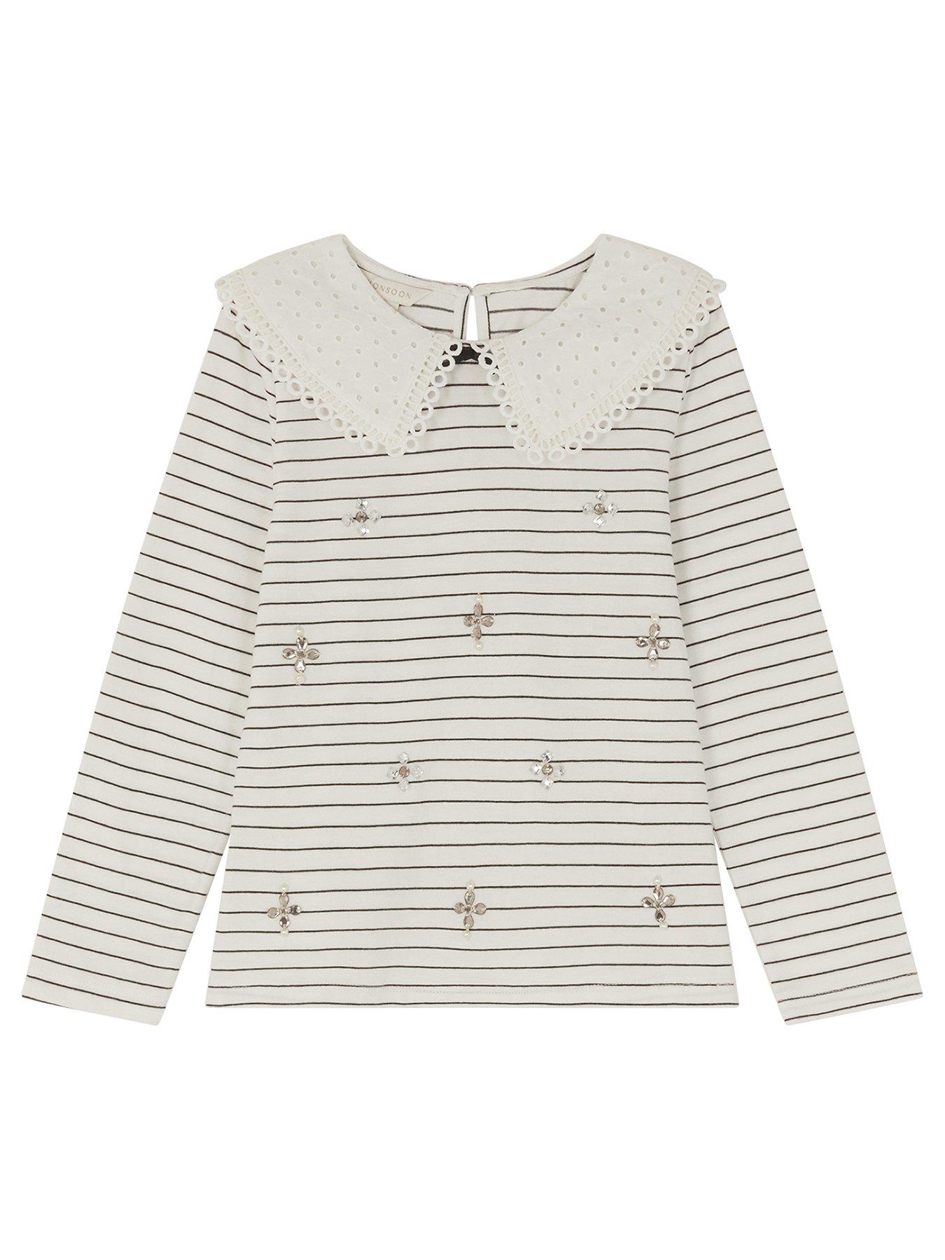 Image 2 of 4 of Monsoon Girls Collar Stripe Long Sleeve Tshirt - Light Cream