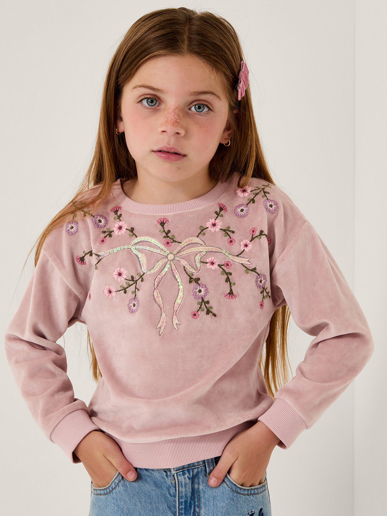 Image 1 of 4 of Monsoon Girls Velour Embroiderd Bow Sweat Top - Purple