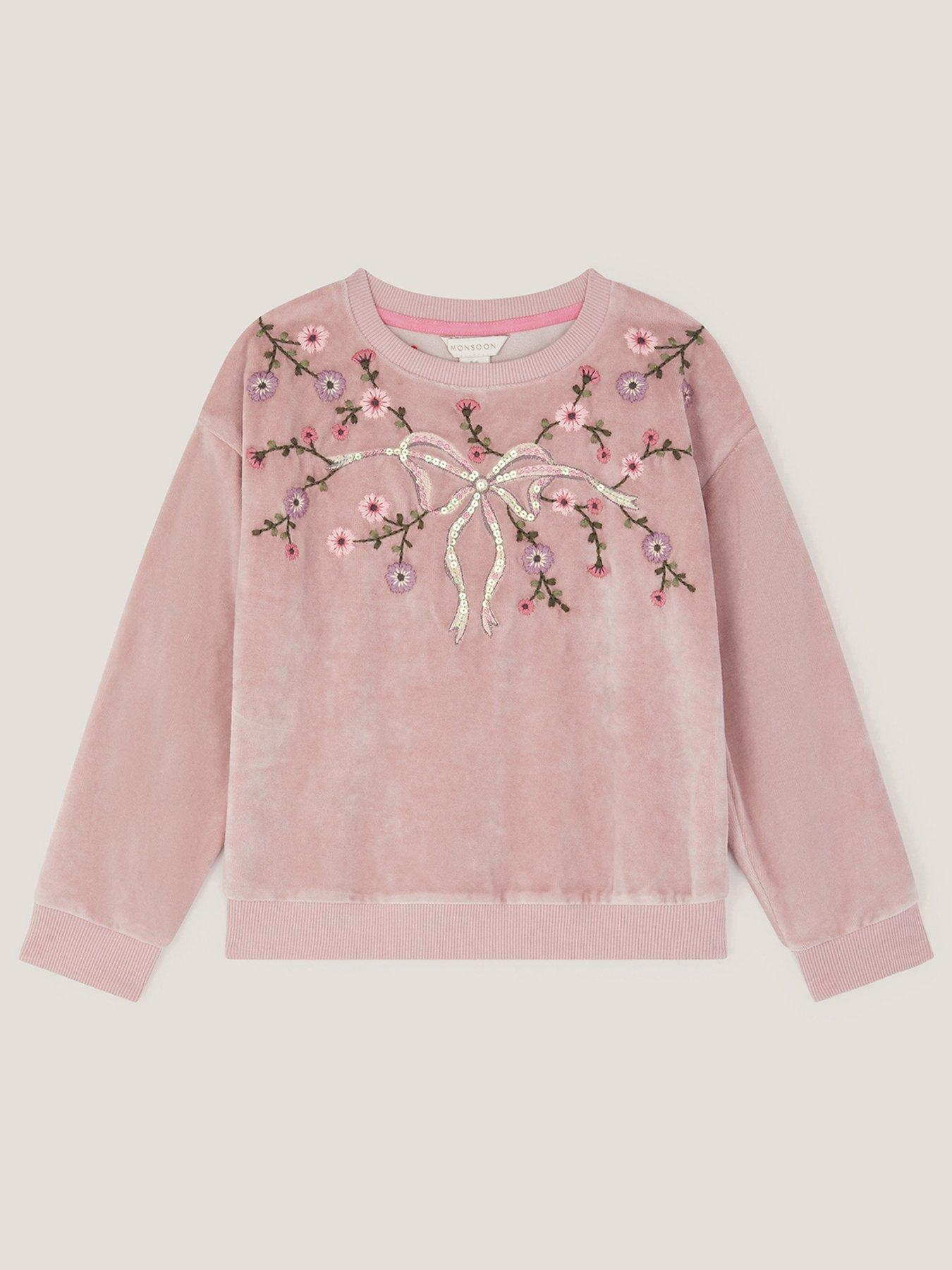 Image 3 of 4 of Monsoon Girls Velour Embroiderd Bow Sweat Top - Purple