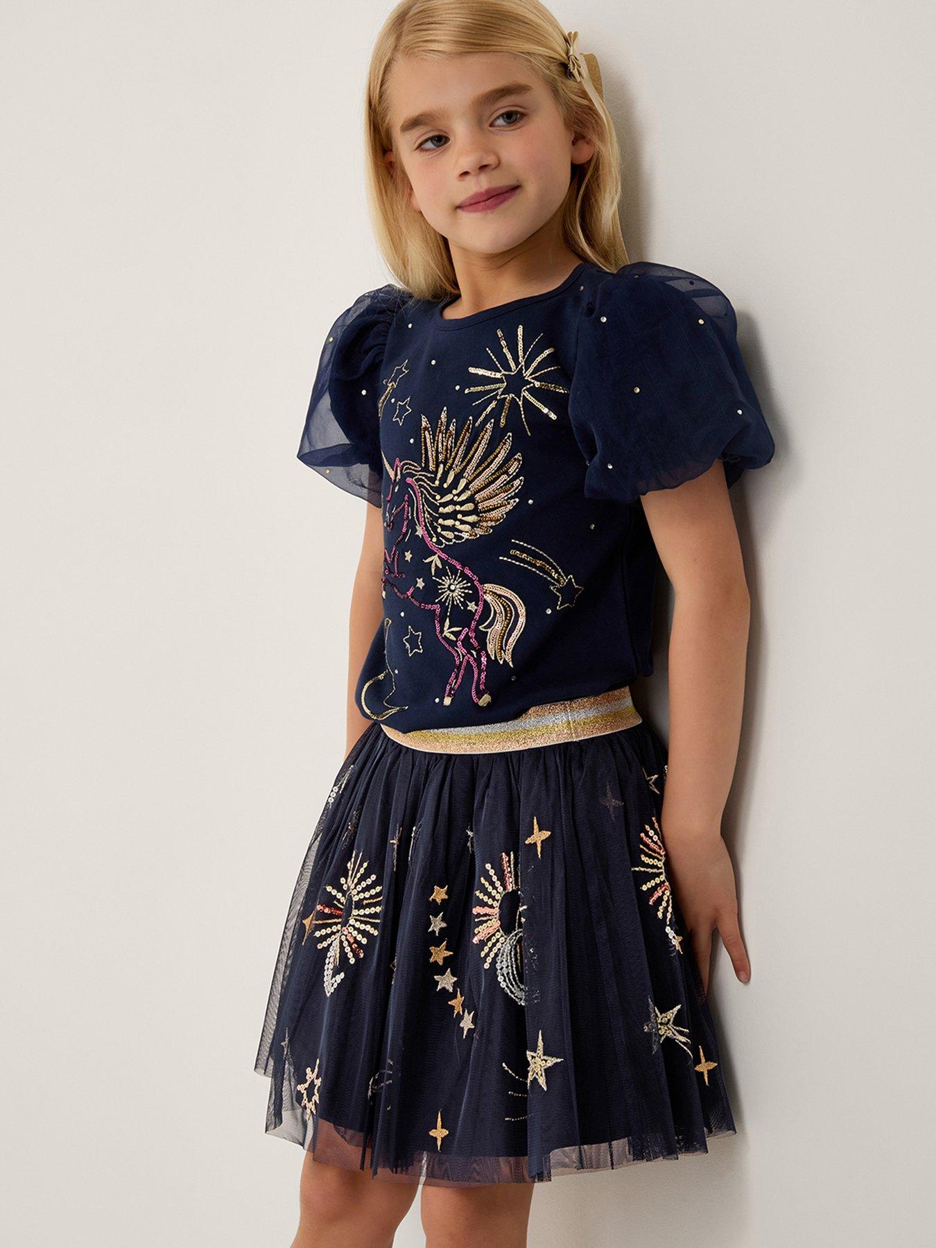 Image 1 of 4 of Monsoon Girls Cosmic Embroidered Mesh Skirt - Navy