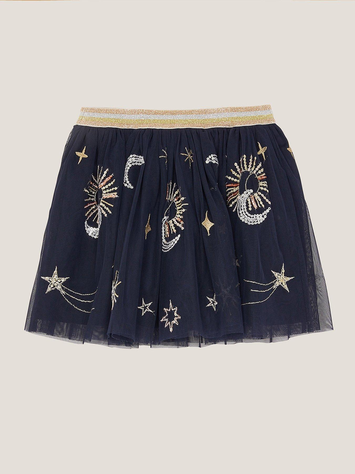 Image 2 of 4 of Monsoon Girls Cosmic Embroidered Mesh Skirt - Navy