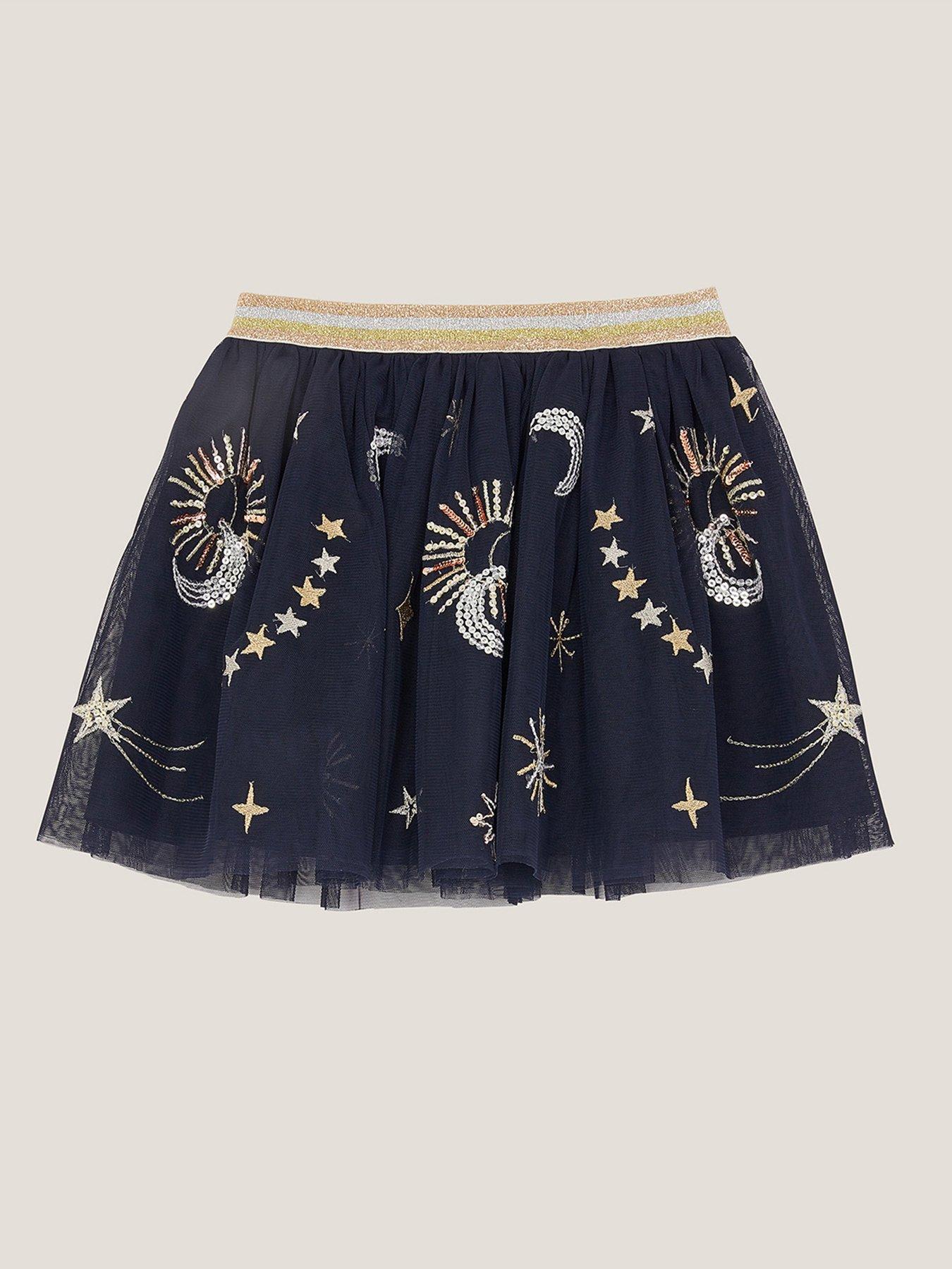 Image 3 of 4 of Monsoon Girls Cosmic Embroidered Mesh Skirt - Navy