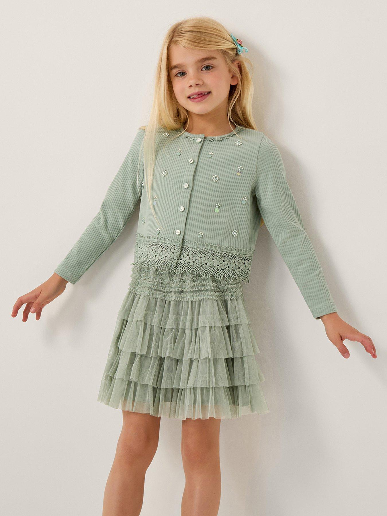 Image 1 of 4 of Monsoon Girls Embroidered Rib Cardigan and Mesh Skirt Set - Light Green