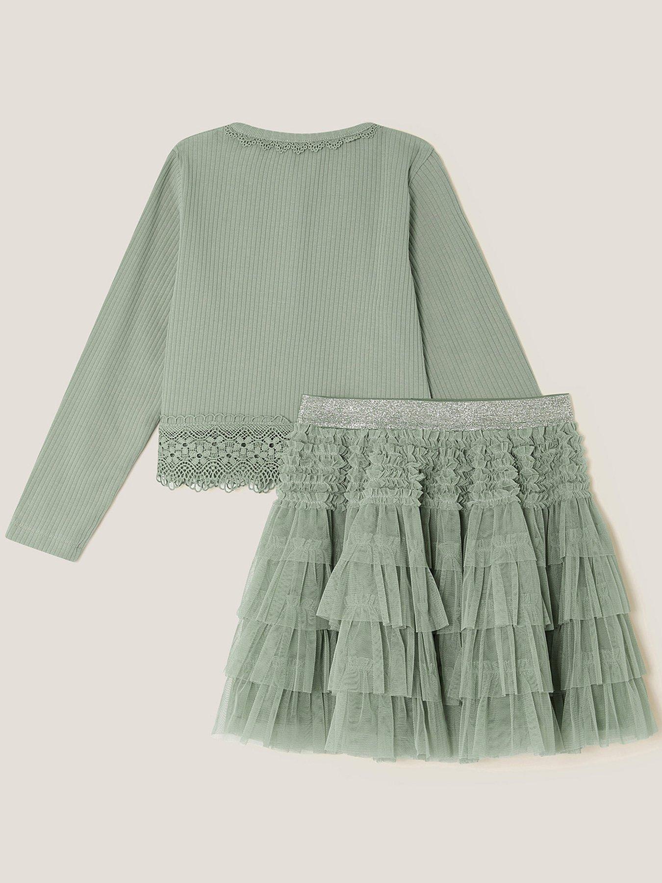 Image 2 of 4 of Monsoon Girls Embroidered Rib Cardigan and Mesh Skirt Set - Light Green