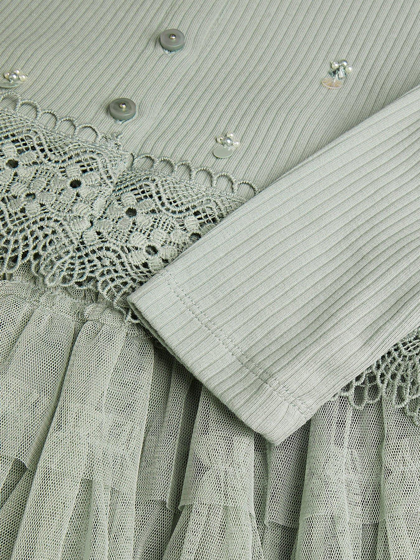 Image 4 of 4 of Monsoon Girls Embroidered Rib Cardigan and Mesh Skirt Set - Light Green