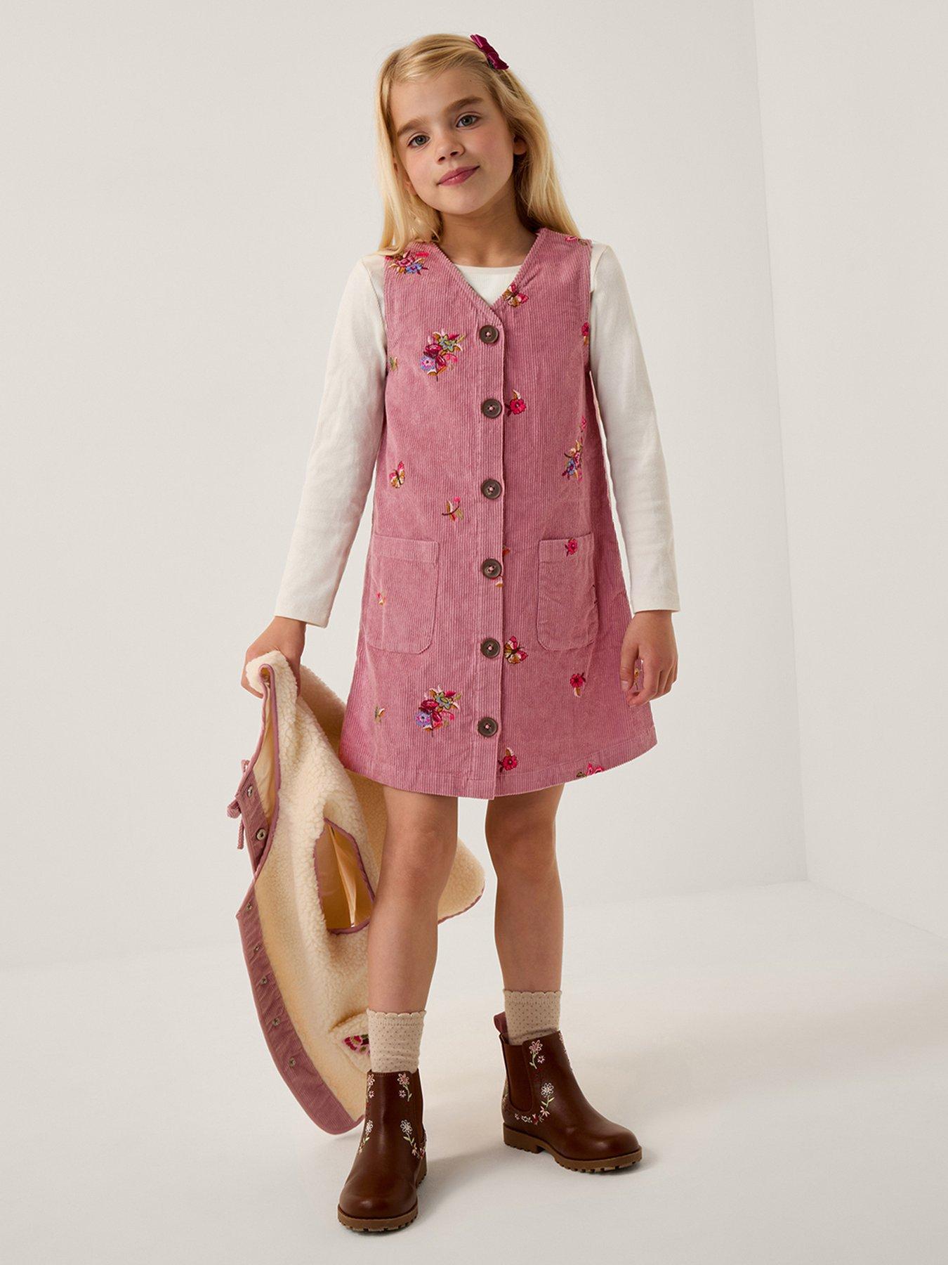 undefined Girls Cord All Over Embroidered Pinny Dress - Pink