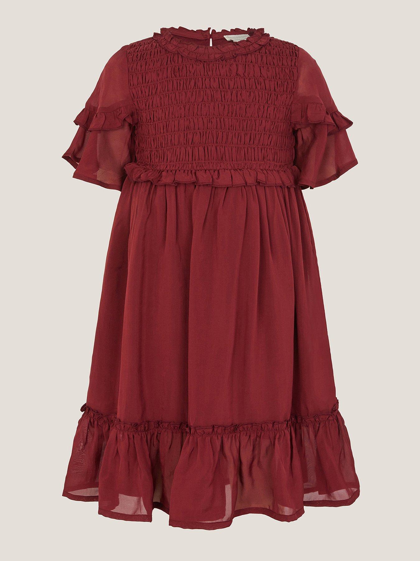undefined Girls Satin Smocked Dress - Dark Red