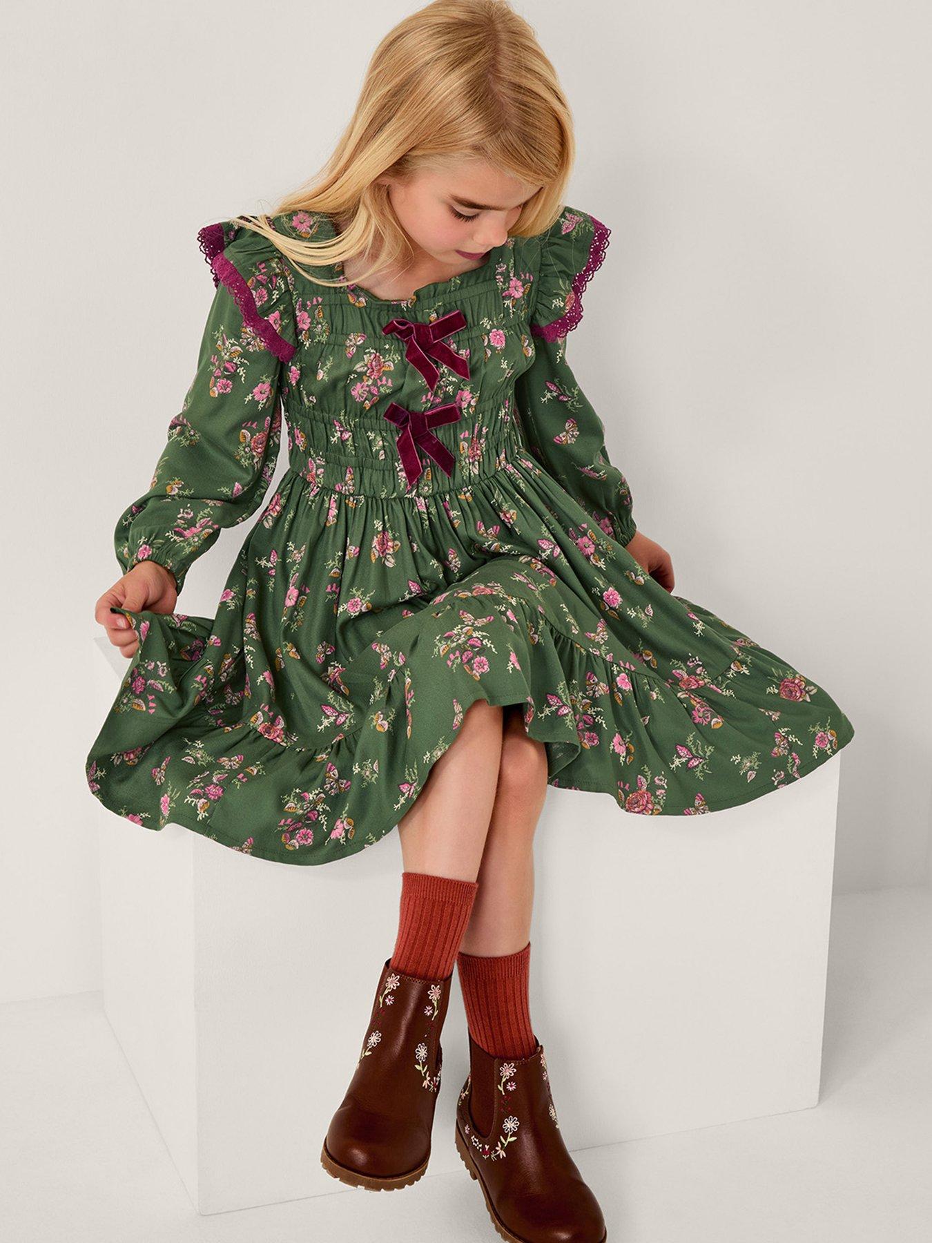 undefined Girls Butterfly Floral Bow Dress - Green