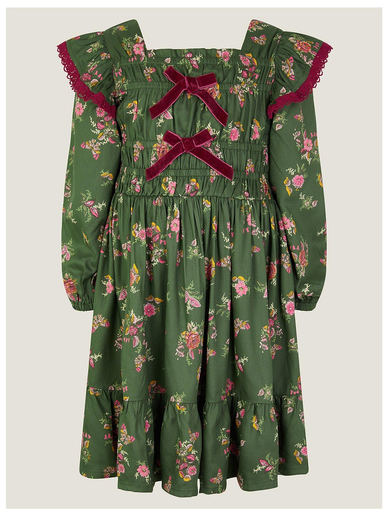 Image 2 of 4 of Monsoon Girls Butterfly Floral Bow Dress - Green