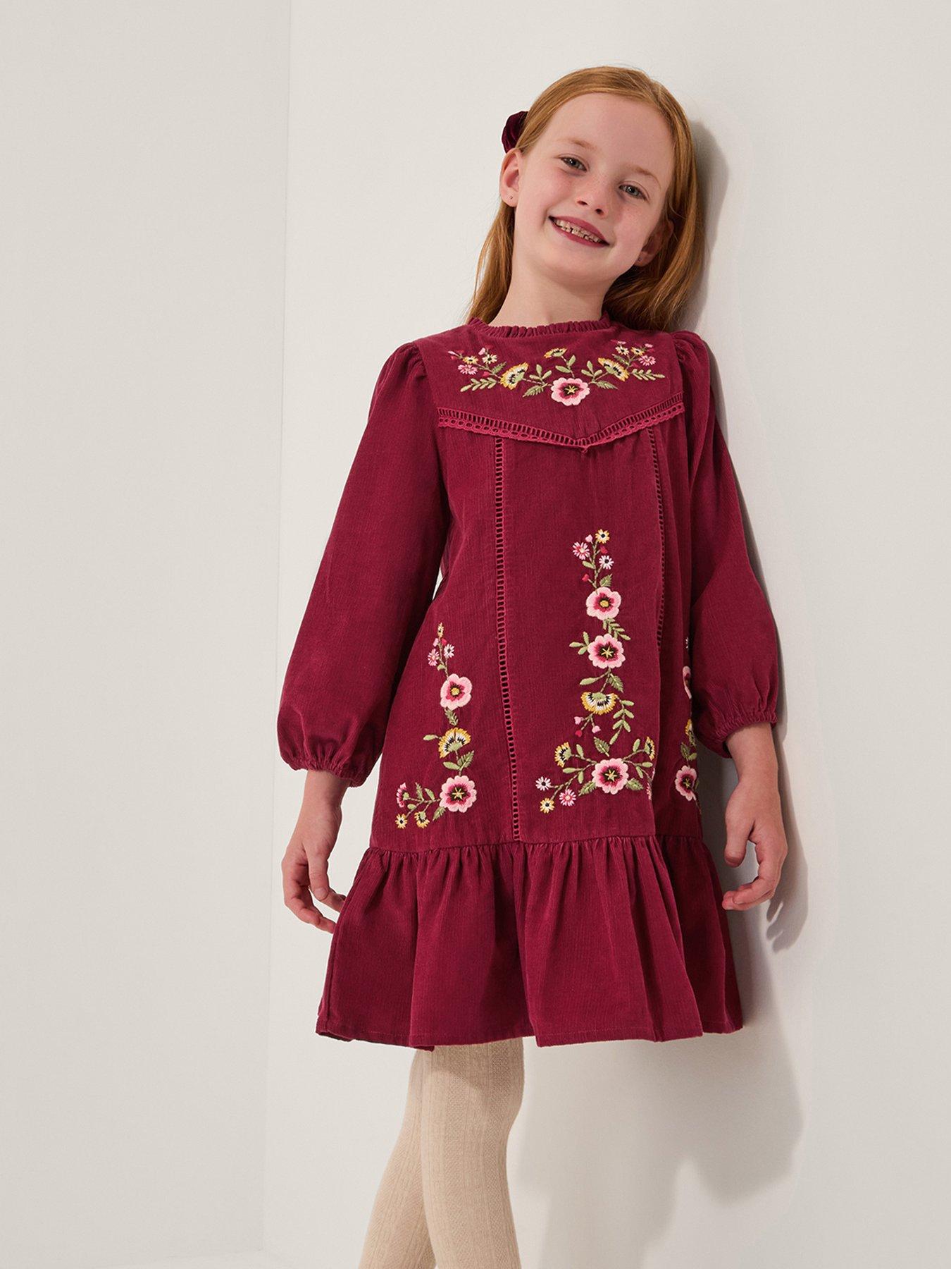 undefined Girls Embroidered Corduroy Tunic Dress - Pink