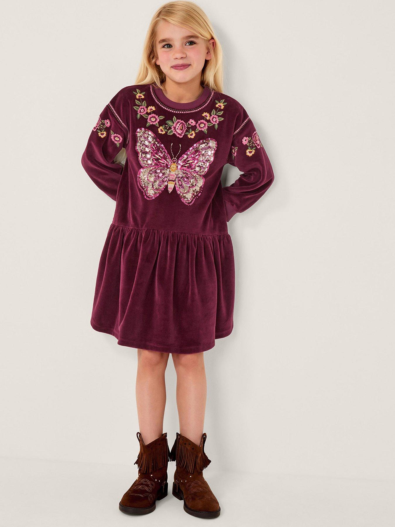 Image 1 of 3 of Monsoon Girls Butterfly Velour Embellished Dress - Dark Red