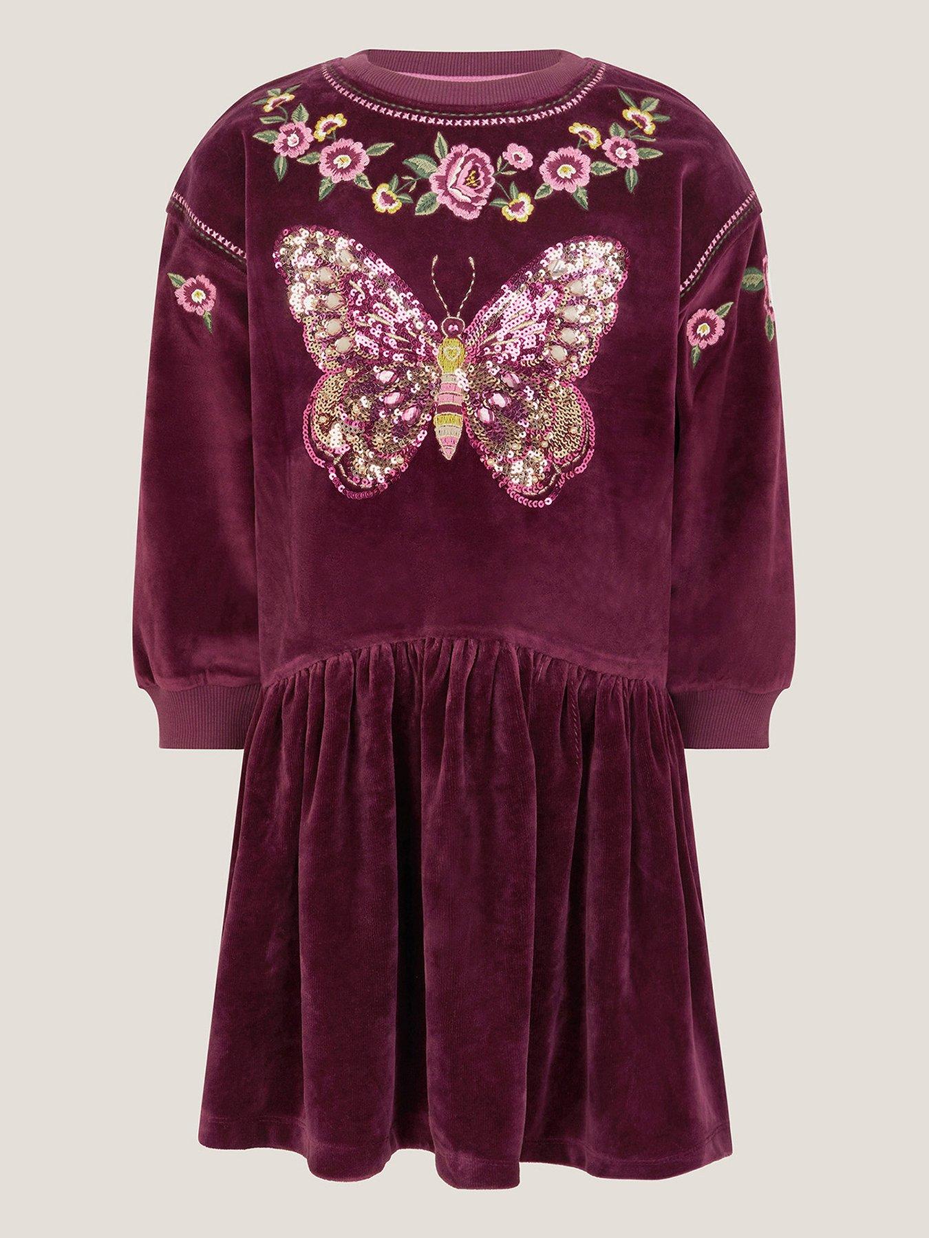 Image 2 of 3 of Monsoon Girls Butterfly Velour Embellished Dress - Dark Red